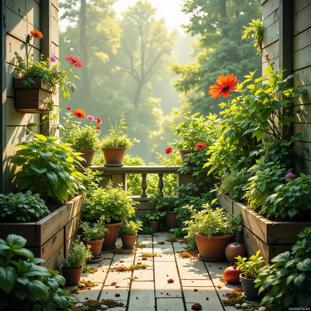 Солнечный балкон, украшенный горшками с цветами и растениями, утопающий в зелени.