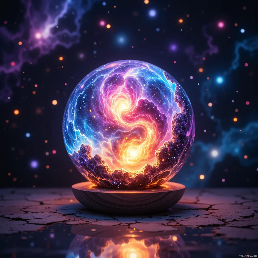 Сверкающая, разноцветная сфера с завихряющимися узорами покоится на потрескавшейся поверхности, на фоне космического, звездного пространства.