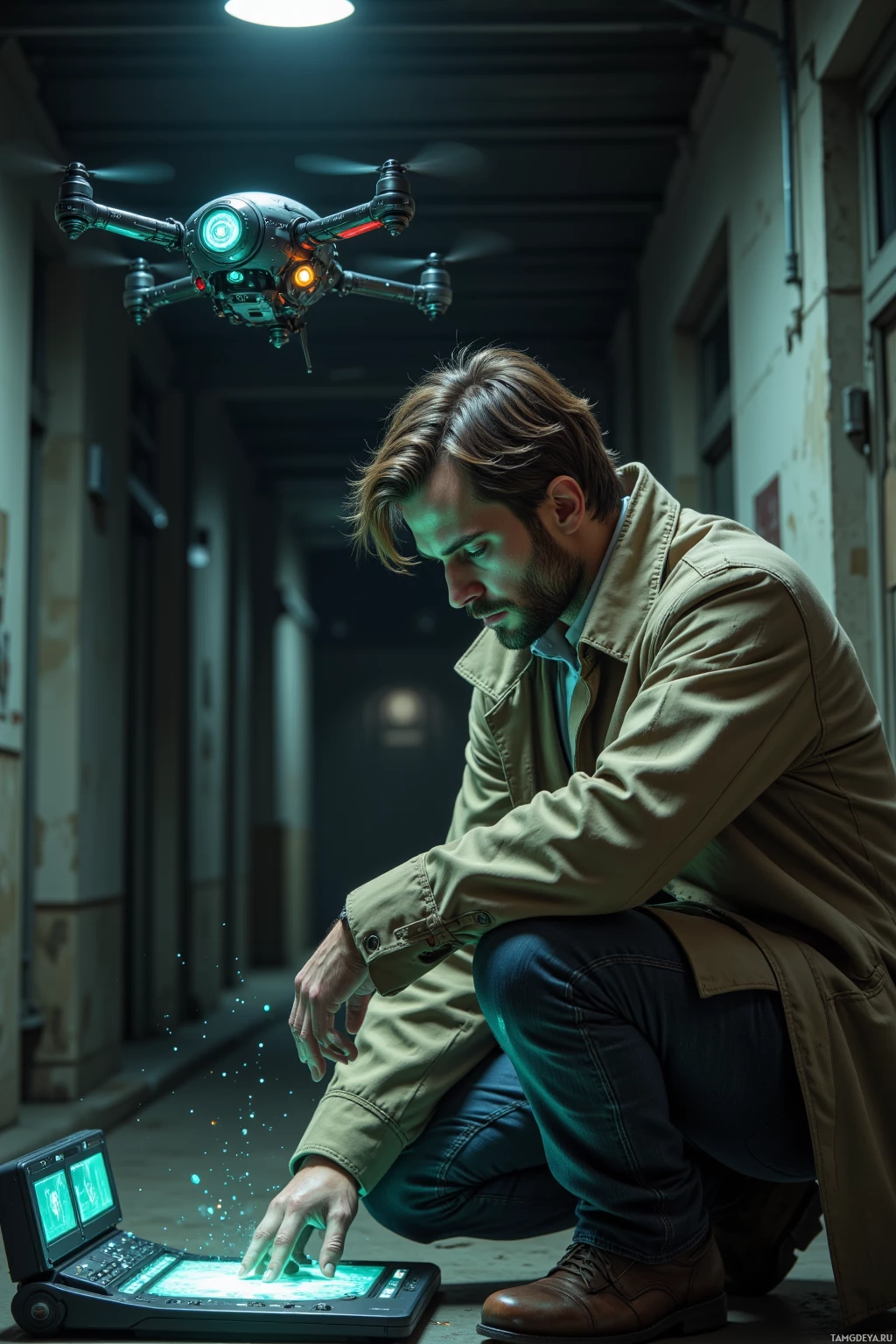 Мужчина в плаще взаимодействует со светящимся, футуристическим устройством, лежащим на земле.