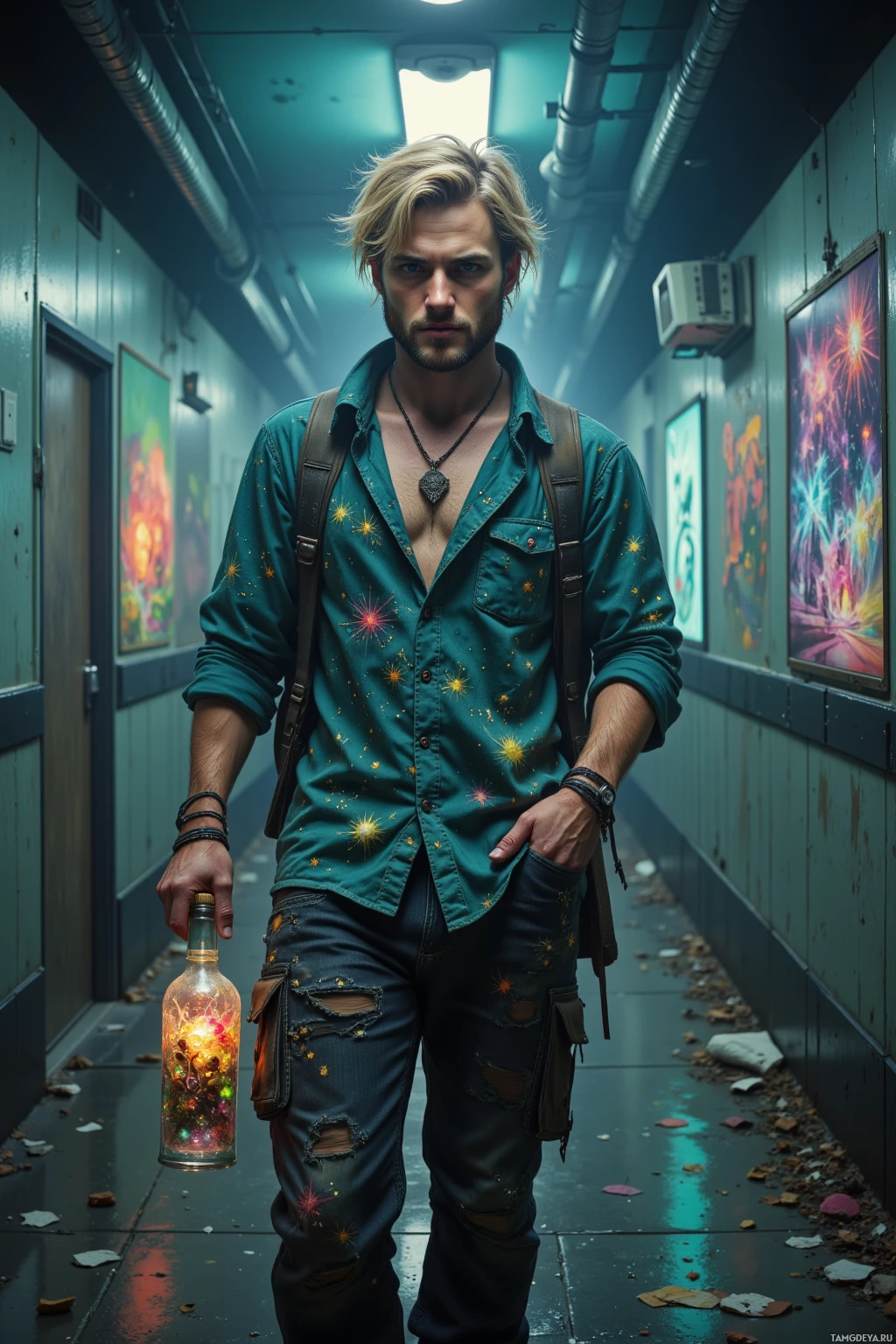 Мужчина стоит в полумраке коридора, держа в руках светящуюся бутылку, одетый в зеленую футболку с изображением звезд и рваные джинсы.