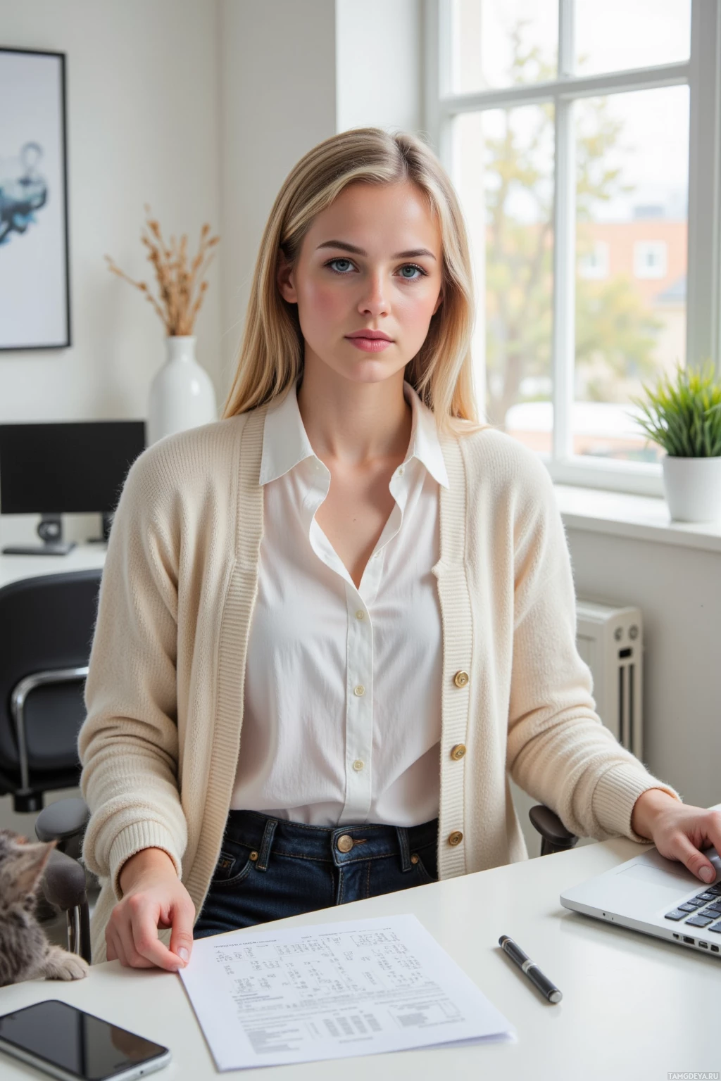 В светлом офисе за столом сидит женщина в белой рубашке и бежевом кардигане, перед ней ноутбук и документы.