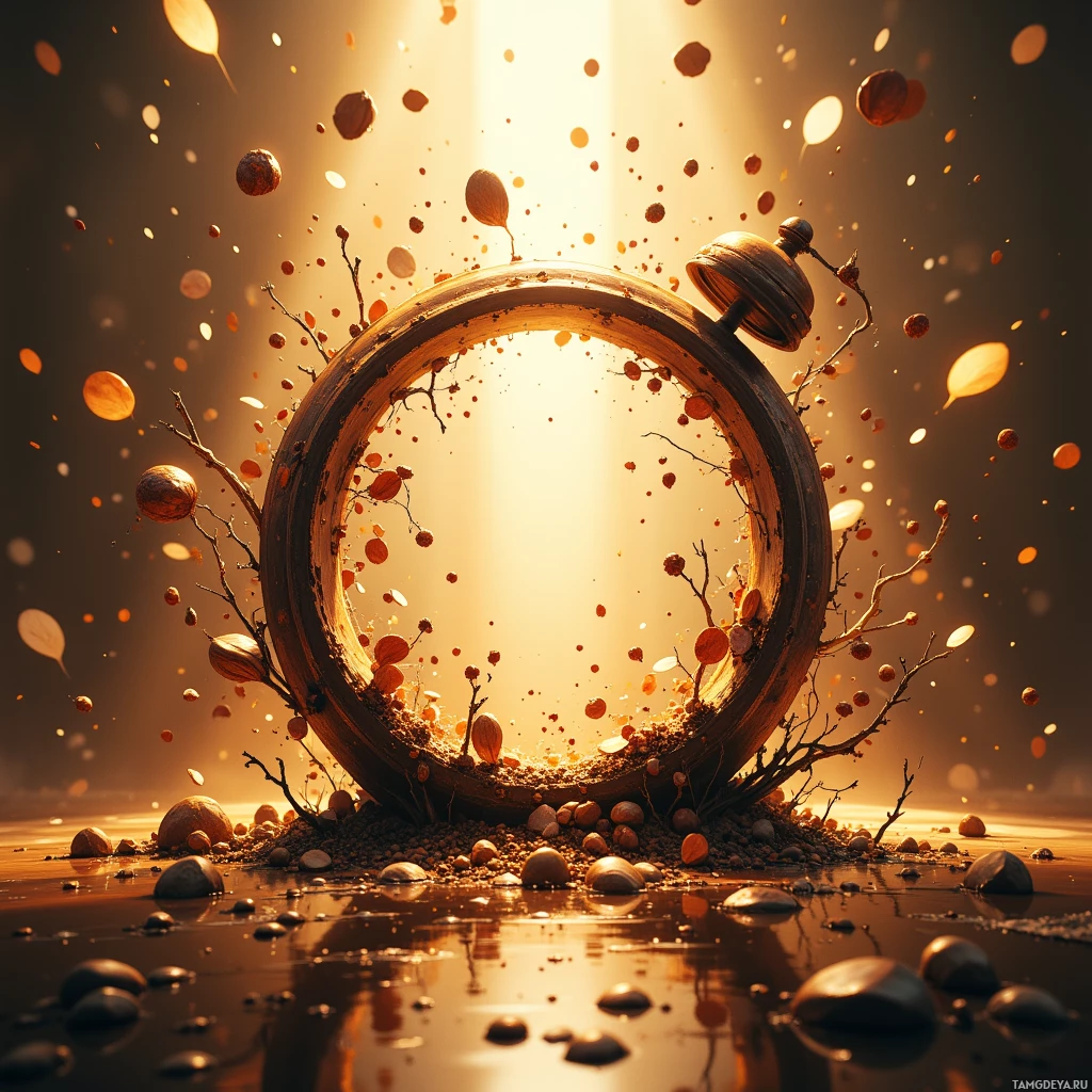 Деревянная рамка круглой формы, обрамленная осенними листьями и ветвями, на фоне сияющего золотого фона.