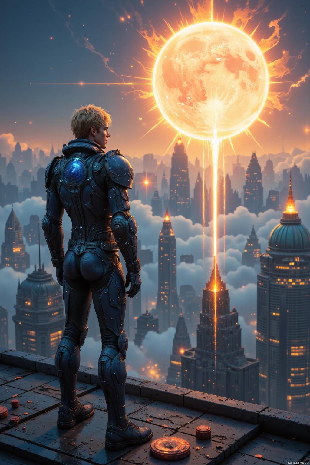 Realistic high quality photo. Tall golden-haired male, 35, with piercing blue eyes and pale skin, wearing a sleek black jumpsuit and glowing futuristic armor, standing on a high‑tech rooftop antenna at dawn, staring at a glowing solar flare, with holographic data streams projecting a moonlit hyperloop over a futuristic cityscape, embodying visionary excitement.