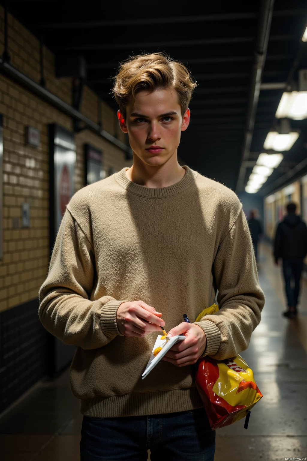 Молодой человек в бежевом свитере стоит в полумраке коридора, держа в руках перекус и ручку.
