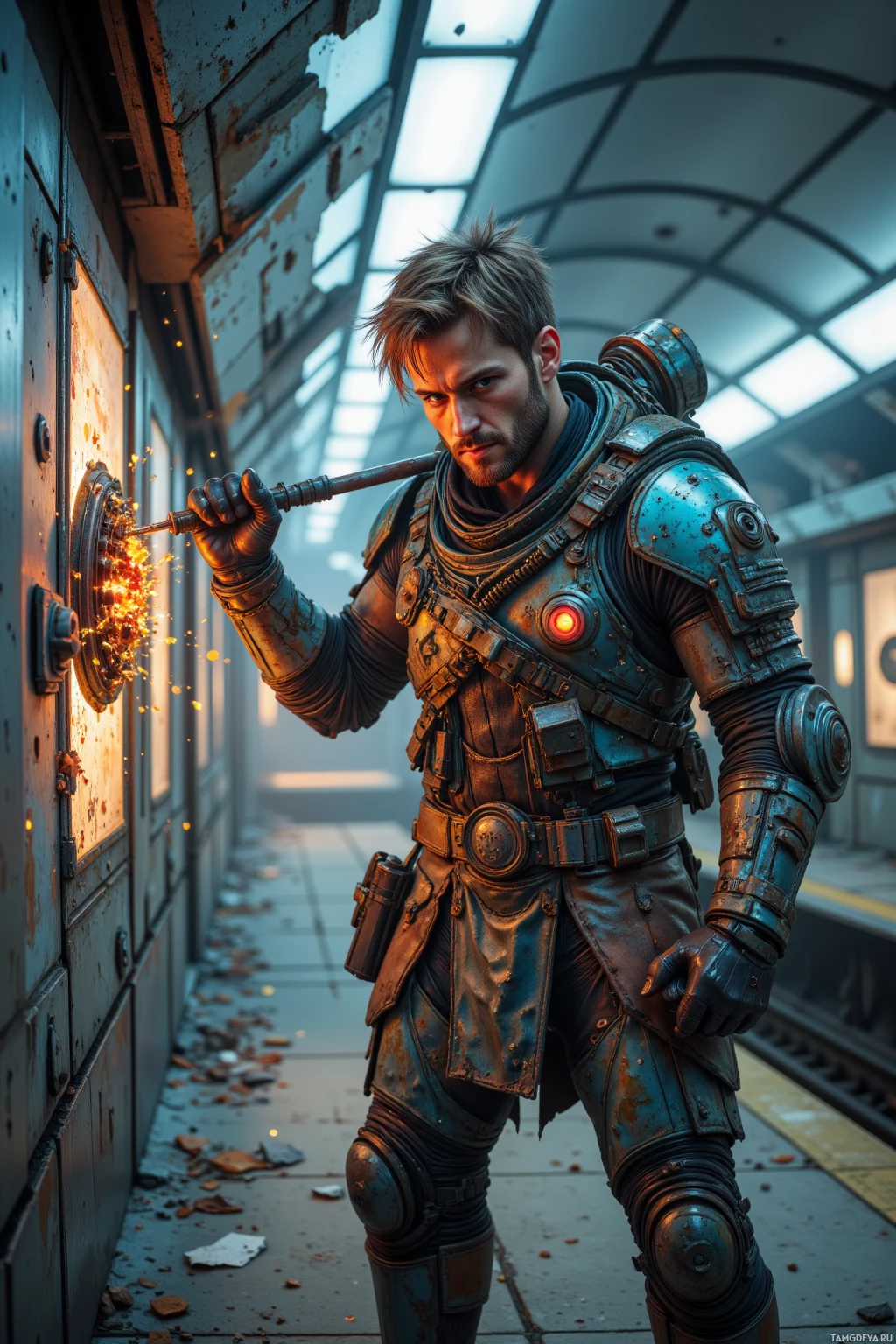 В полумрачном индустриальном окружении стоит суровый мужчина в футуристической броне, держа в руках инструмент, из которого вылетают искры.