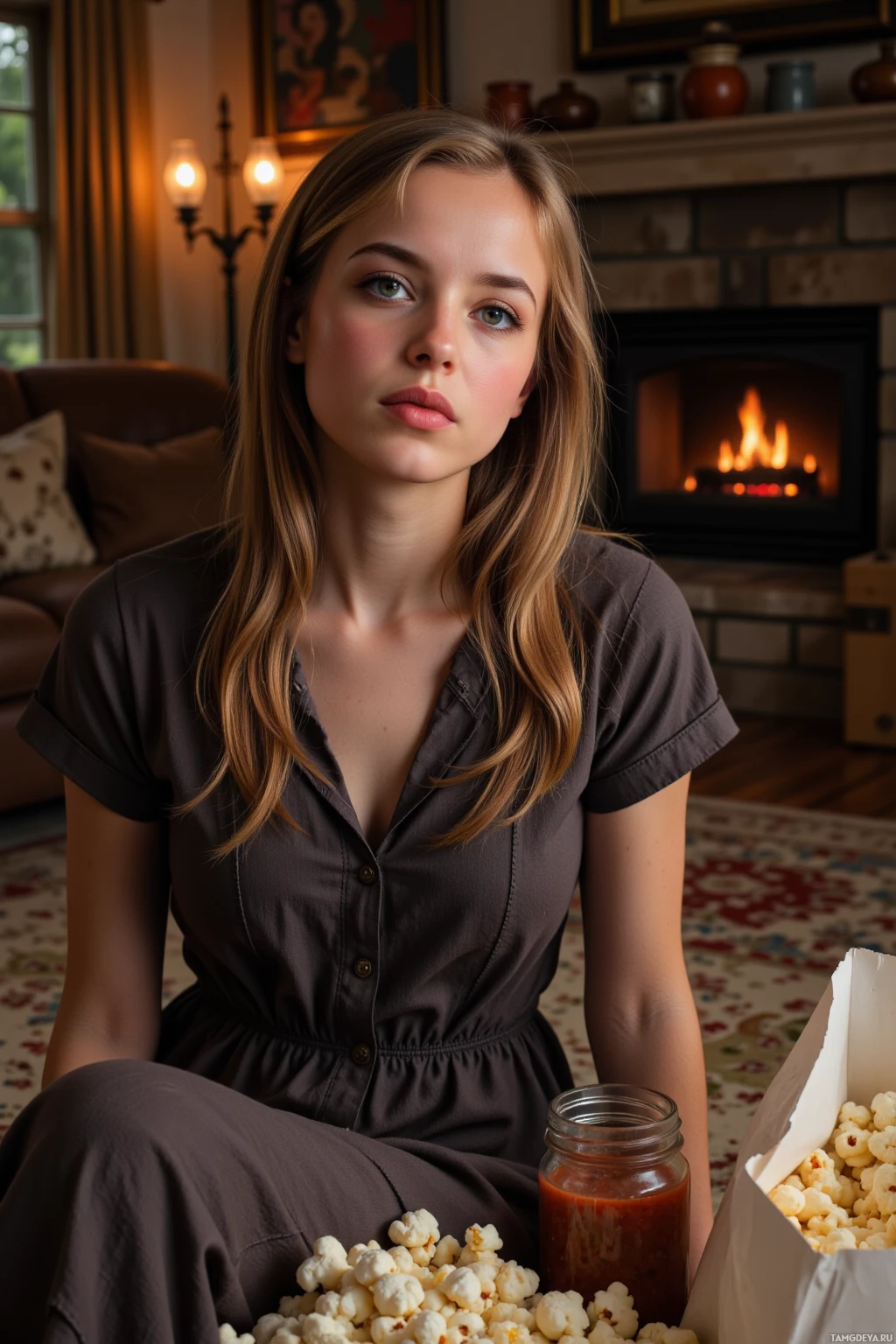 В уютной гостиной, у камина, сидит женщина, держа в руках баночку с соусом и пачку попкорна.