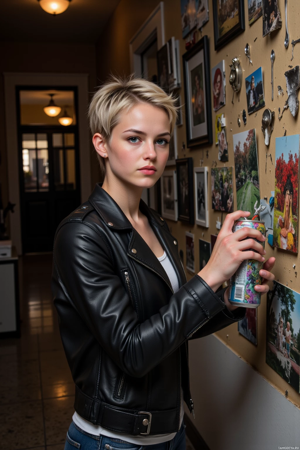 Человек в черной кожаной куртке держит банку в коридоре, где висит доска объявлений.