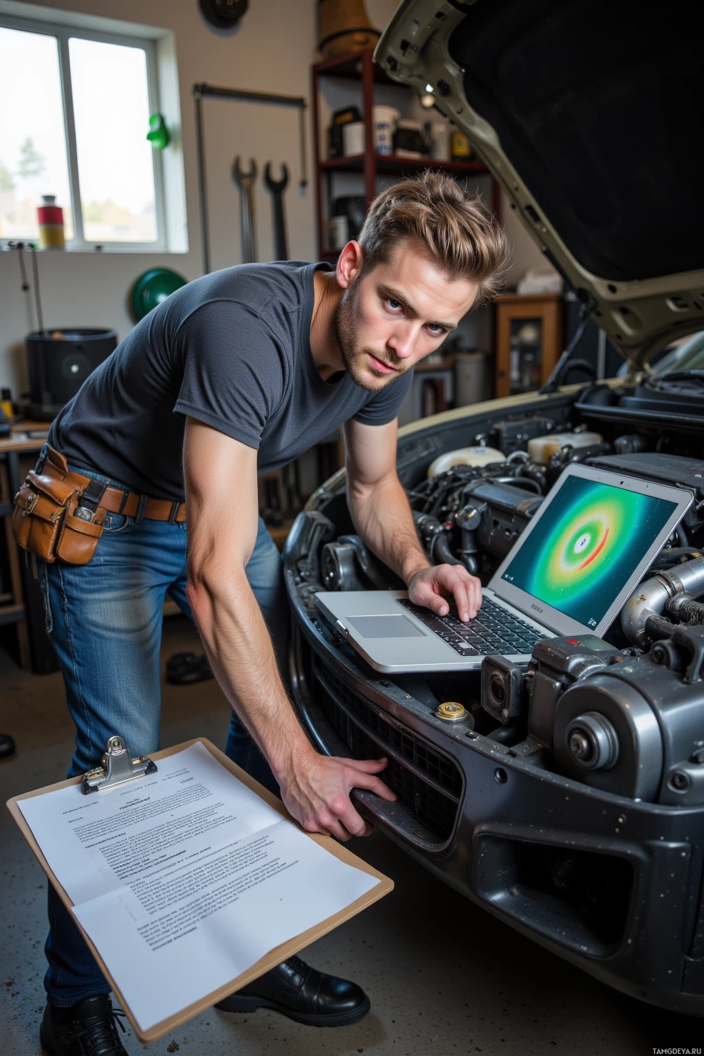 Мужчина наклонился над автомобильным двигателем, используя ноутбук и блокнот в гараже.