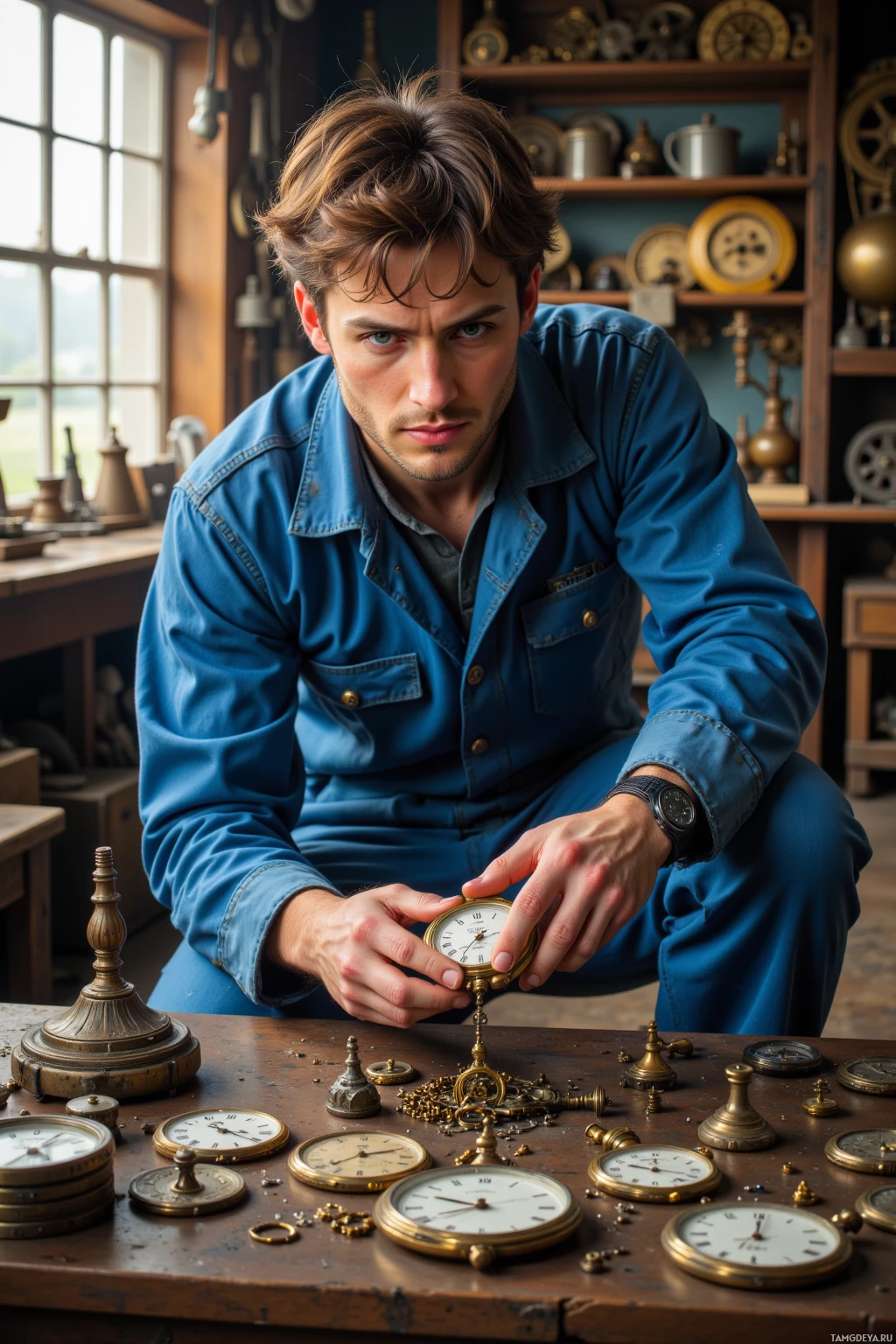 Мужчина в голубой рубашке рассматривает старинные карманные часы в мастерской, заставленной антикварными часами и инструментами.