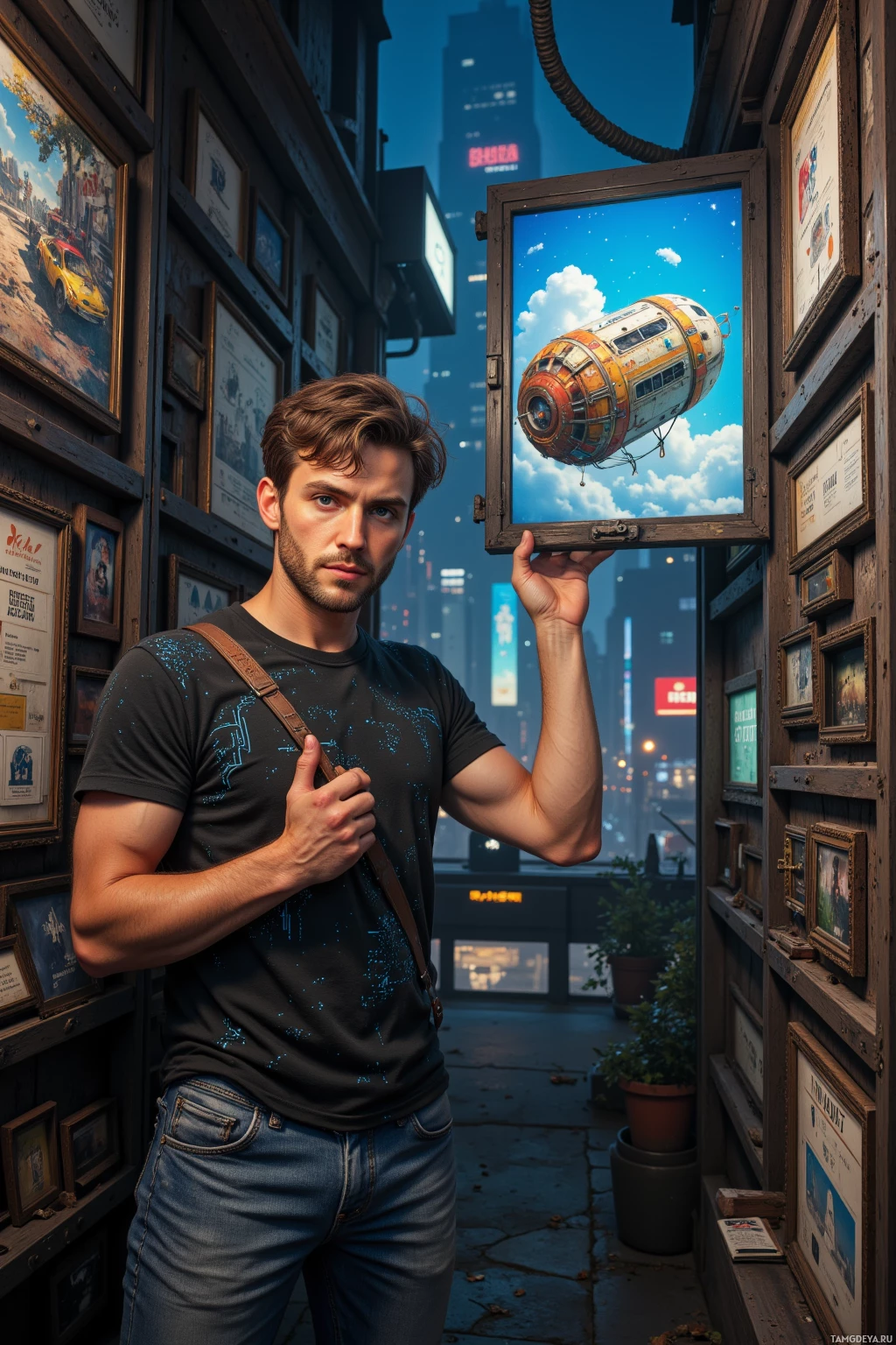 Мужчина стоит в городском переулке, держа в руках рамку с изображением футуристического дирижабля.