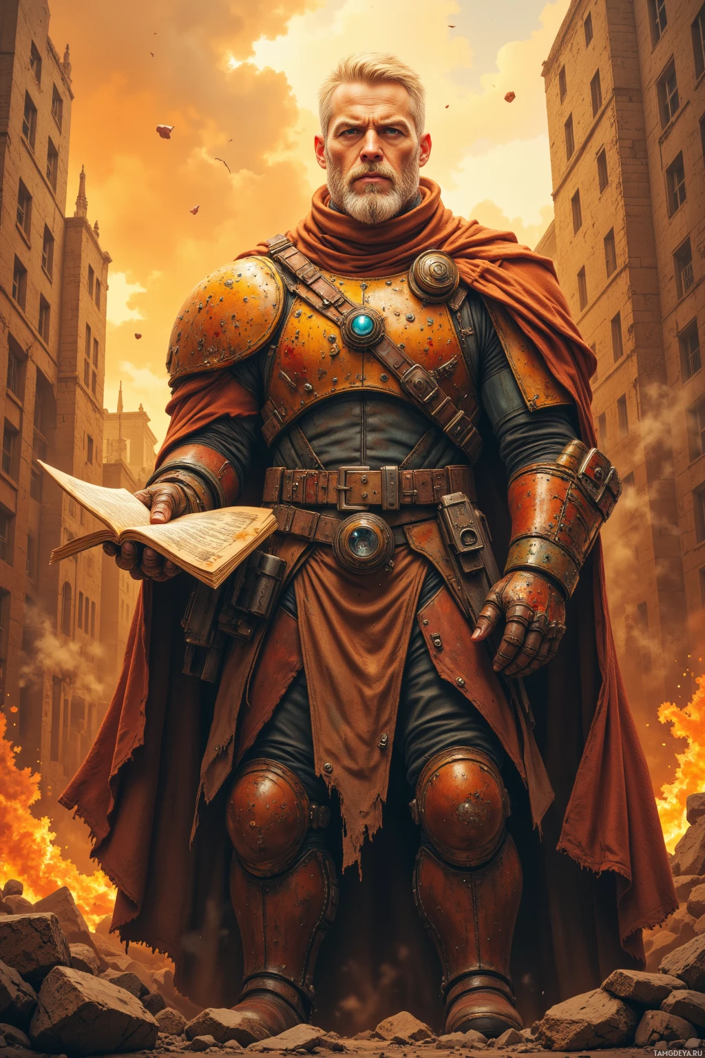 Мужчина в богато украшенных, ржаво-коричневых доспехах стоит среди обломков, держа в руках раскрытую книгу.
