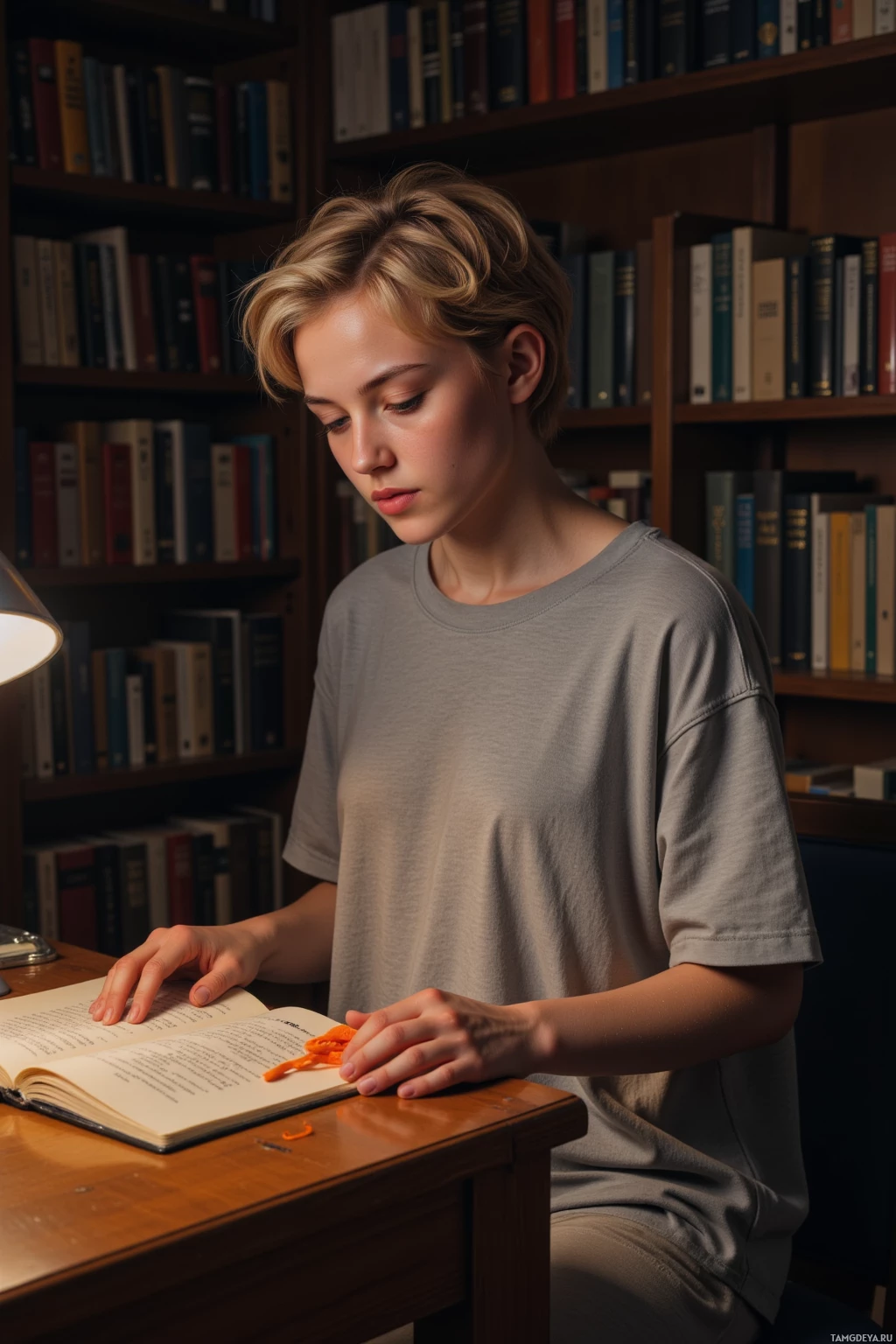 В библиотеке кто-то читает книгу.