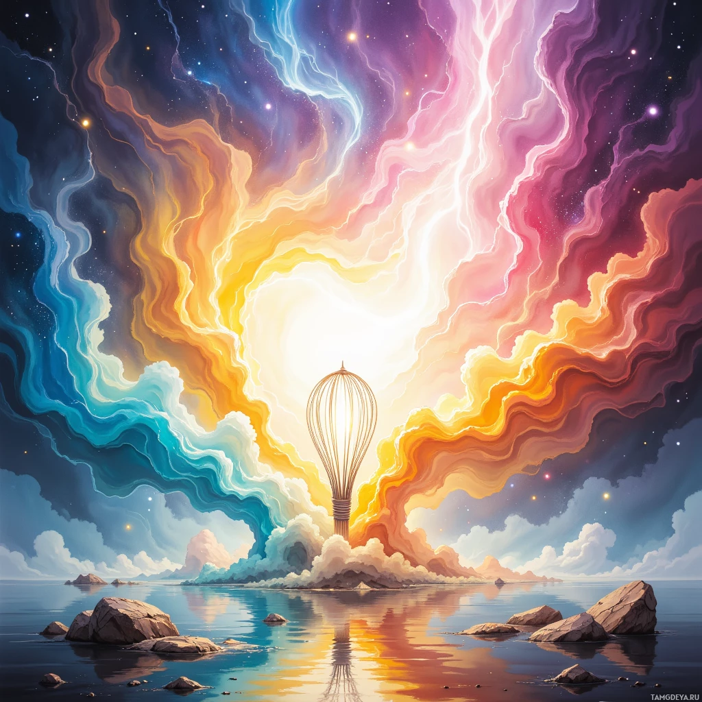 Яркий, сюрреалистичный пейзаж с вихрящимися облаками, светящейся лампочкой и спокойным водоемом, поросшим камнями.
