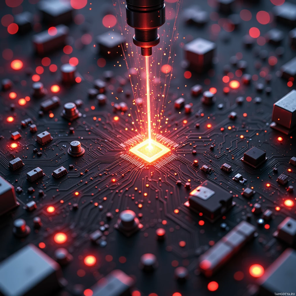 Светящаяся печатная плата со ярким центральным светом и сложной системой проводки.