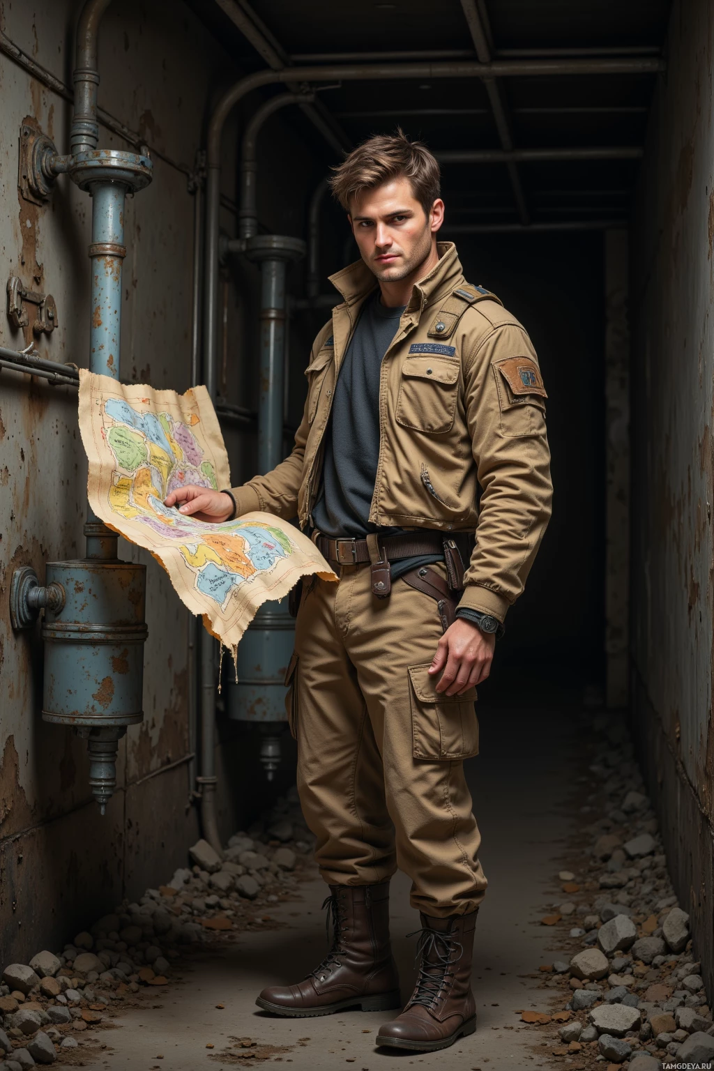 Мужчина в форме, напоминающей военную, стоит в полумраке индустриального коридора, держа в руках карту.