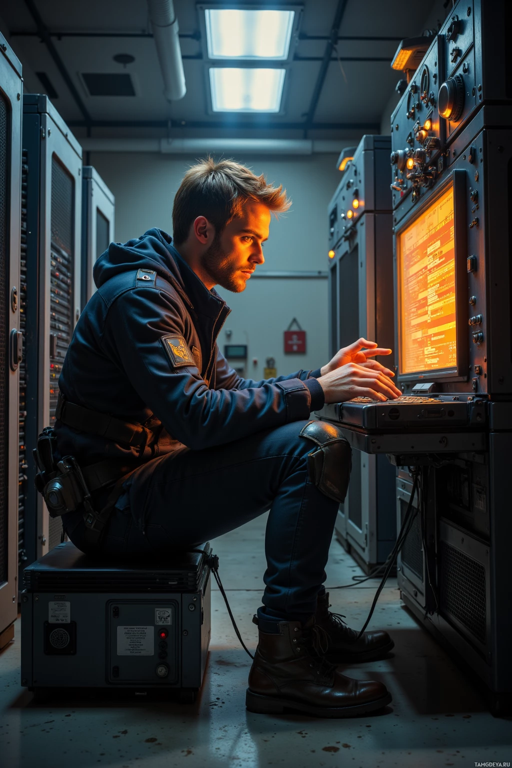 Realistic high quality photo. Male, 28, light brown hair, blue eyes, dark utility jacket, reinforced pants, worn boots, seated in an isolated sanctuary, tracing a corrupted 1997 protocol string on a terminal with amber glow, surrounded by old server racks and humming mainframe hardware, afternoon light filtering through a small window.