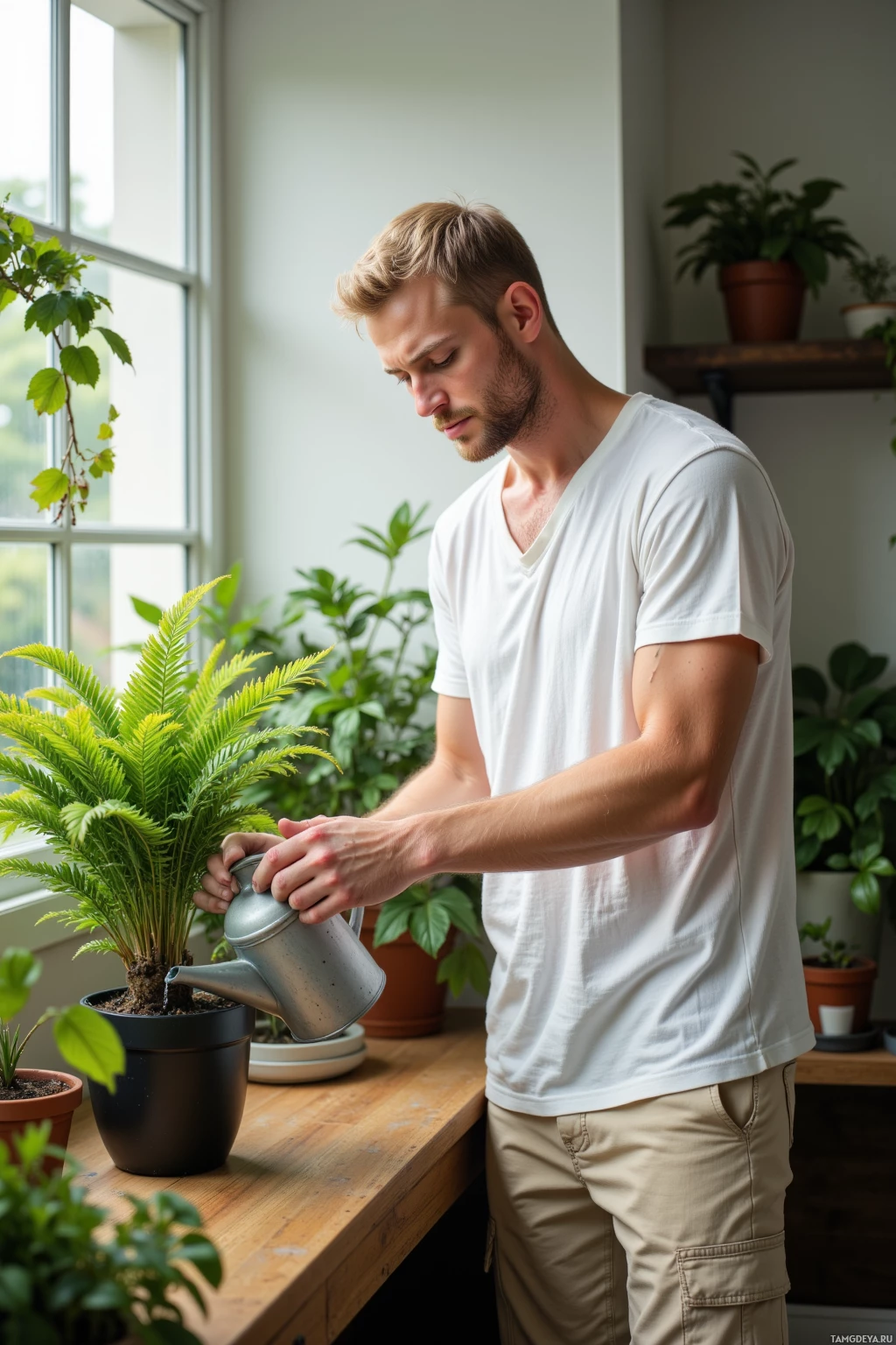 Realistic high quality photo. A 32‑year‑old man with short blonde hair, bright blue eyes, wearing a loose white short‑sleeve shirt and light beige shorts, methodically watering a potted fern with a small watering can on a wooden table in a modern indoor plant room, sunlight filtering through a window, his expression calm yet slightly frustrated, surrounded by other potted plants.