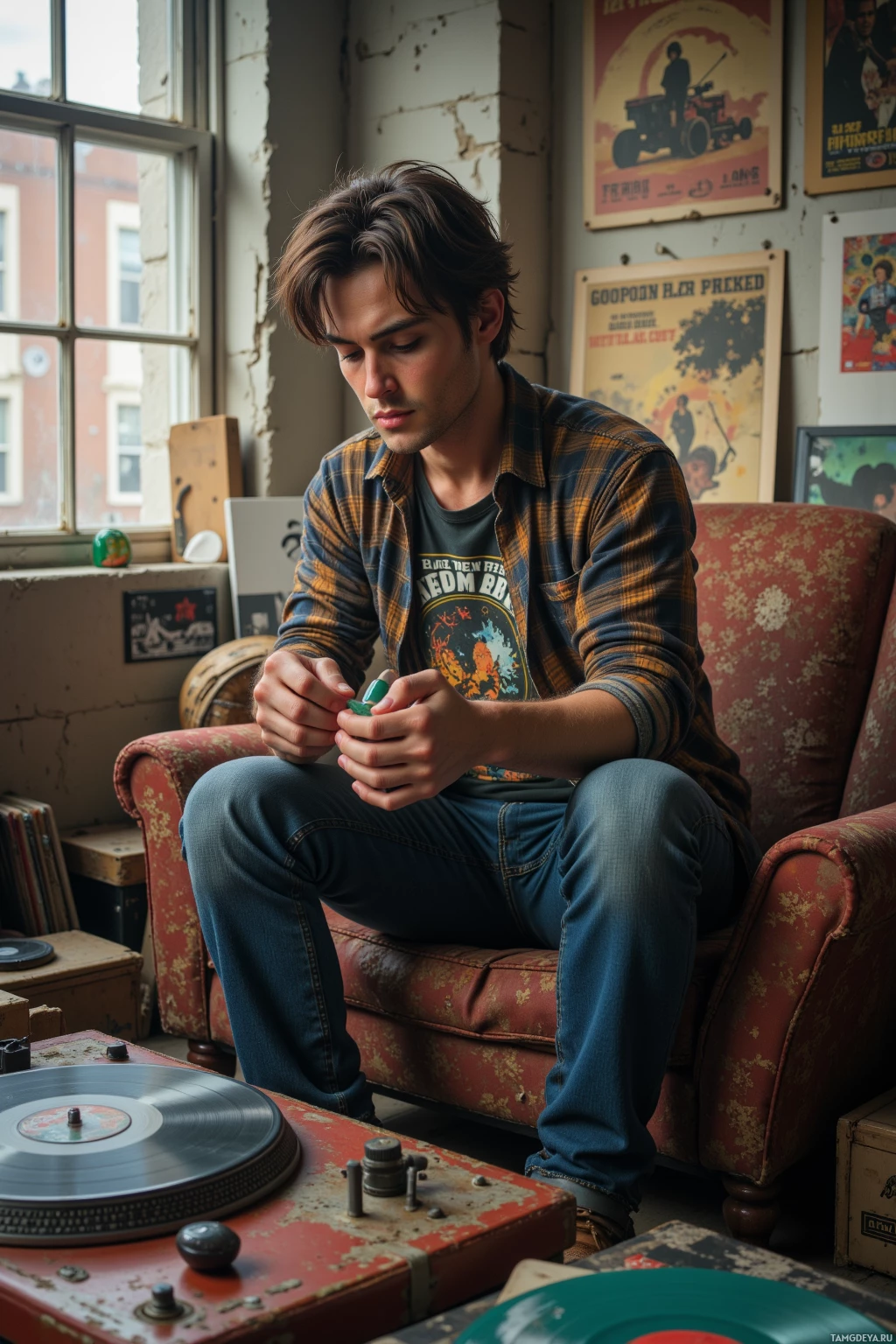 Realistic high quality photo. 26‑year‑old man with messy dark brown hair, intense dark brown eyes, fair skin, wearing a worn plaid shirt over a vintage band tee and jeans, sits on a worn sofa in a cluttered loft, wrestling a rusted guitar pick on a battered electric guitar while a neighbor’s lawn mower hums through a dusty window, vinyl records and a turntable scattered around, late afternoon light filtering in.