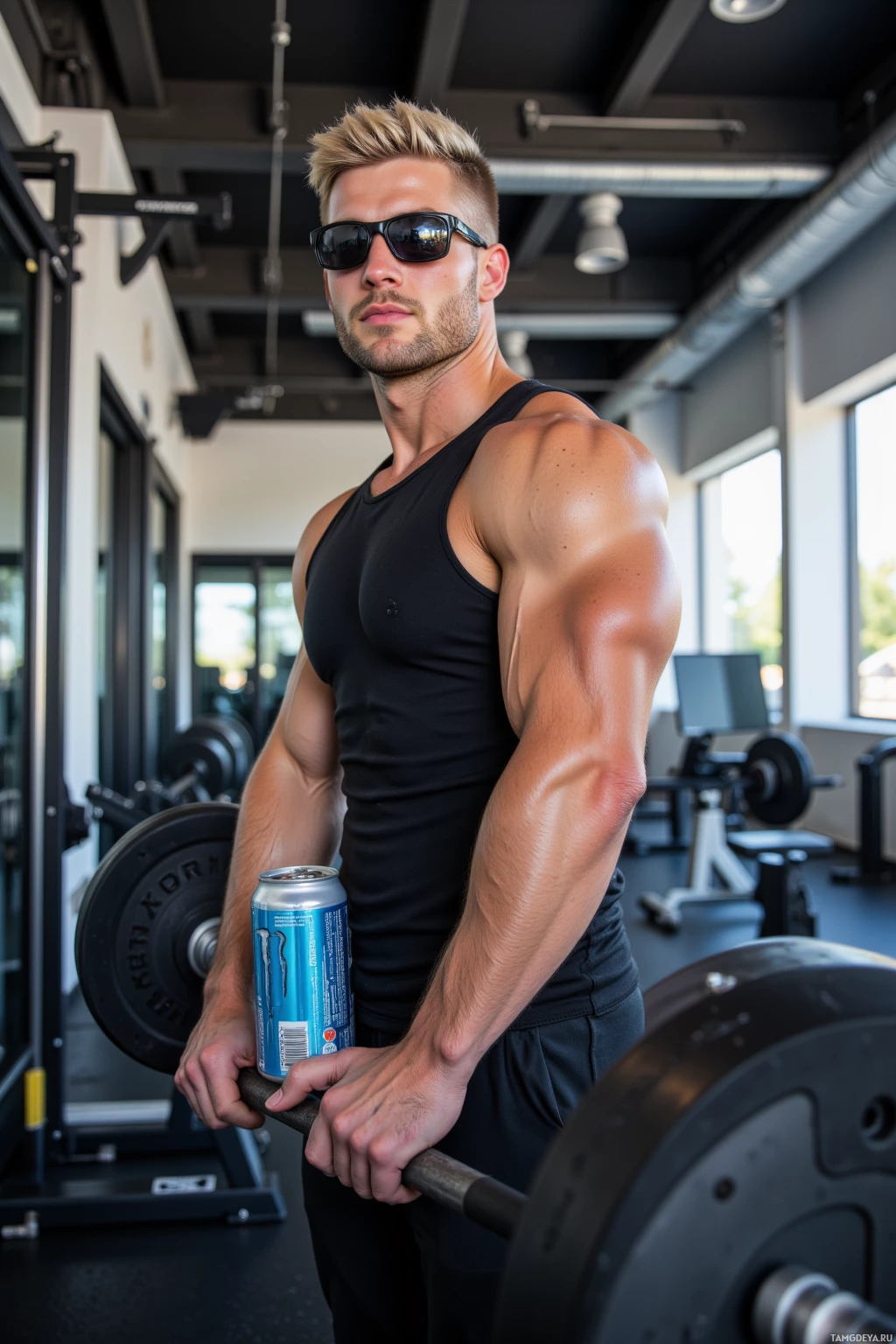 Realistic high quality photo. Tall 29‑year‑old male with short blonde hair, blue eyes, wearing a black tank top and sleek black sunglasses, holding an energy drink can, lifting a barbell in a modern gym that doubles as a workstation with exposed cables and code displayed on a monitor, confident stance in bright daylight.