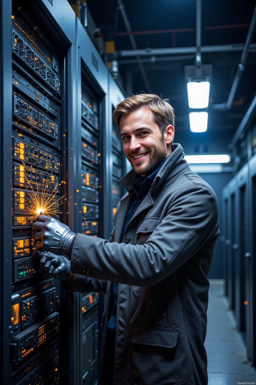 Realistic high quality photo. Male, 36, short light brown hair, blue eyes, wearing a scorched gray coat and metallic gloves, grinning as he patches a server rack at night in a dimly lit data center with glowing processors, surrounded by buzzing drones and cascading code screens, while firewalls crack open into an open playground of sparks.