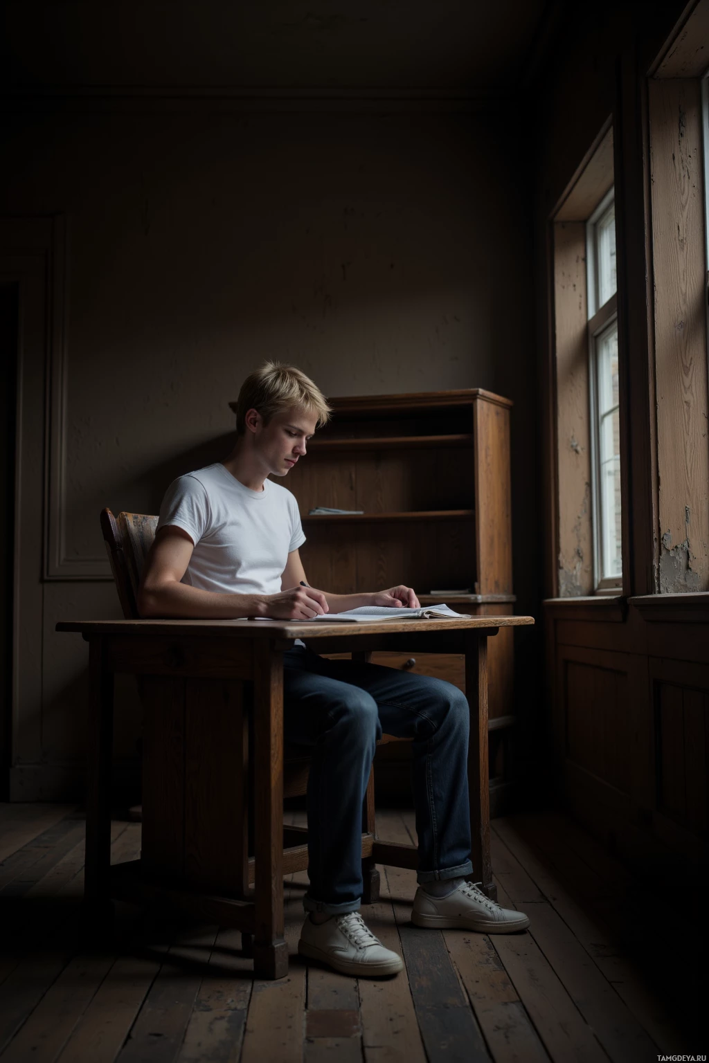 Молодой человек сидит за деревянным столом и пишет в блокноте в полумраке комнаты.