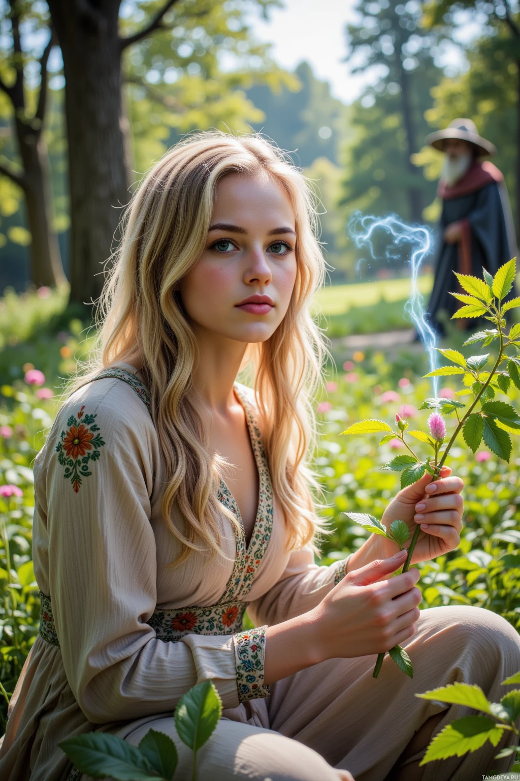 В пышном саду сидит женщина в цветочном платье, держа в руках небольшое растение.