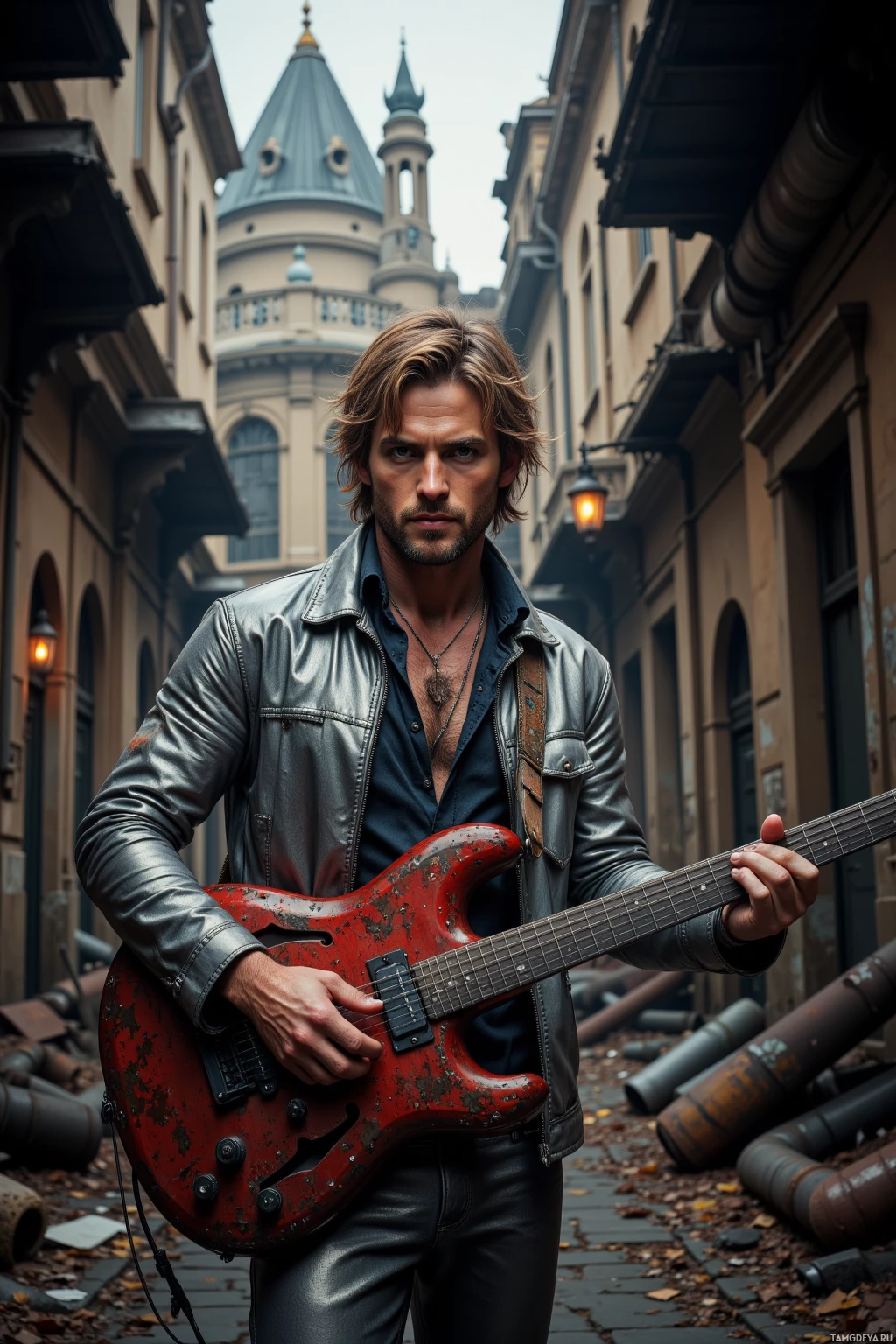 Realistic high quality photo. A 27‑year‑old man with tousled light brown hair, pale blue eyes, wearing a silver jacket over layered mesh shirts and metallic trousers, holds a cracked guitar in a dim, abandoned alley of rusted pipes and broken instruments, preparing to unleash a roaring sound under flickering street lamps with a ruined stage looming in the background.