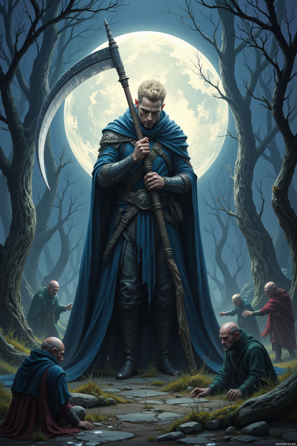 Realistic high quality photo. Tall male, 33, blonde hair, sharp blue eyes, pale skin, angular face, strong jawline, wearing a long dark cloak that brushes the earth, with a large menacing scythe at his side, sharpening a blade under a low moon in a moonlit clearing while goblins dance around him in a quiet, determined fantasy forest.