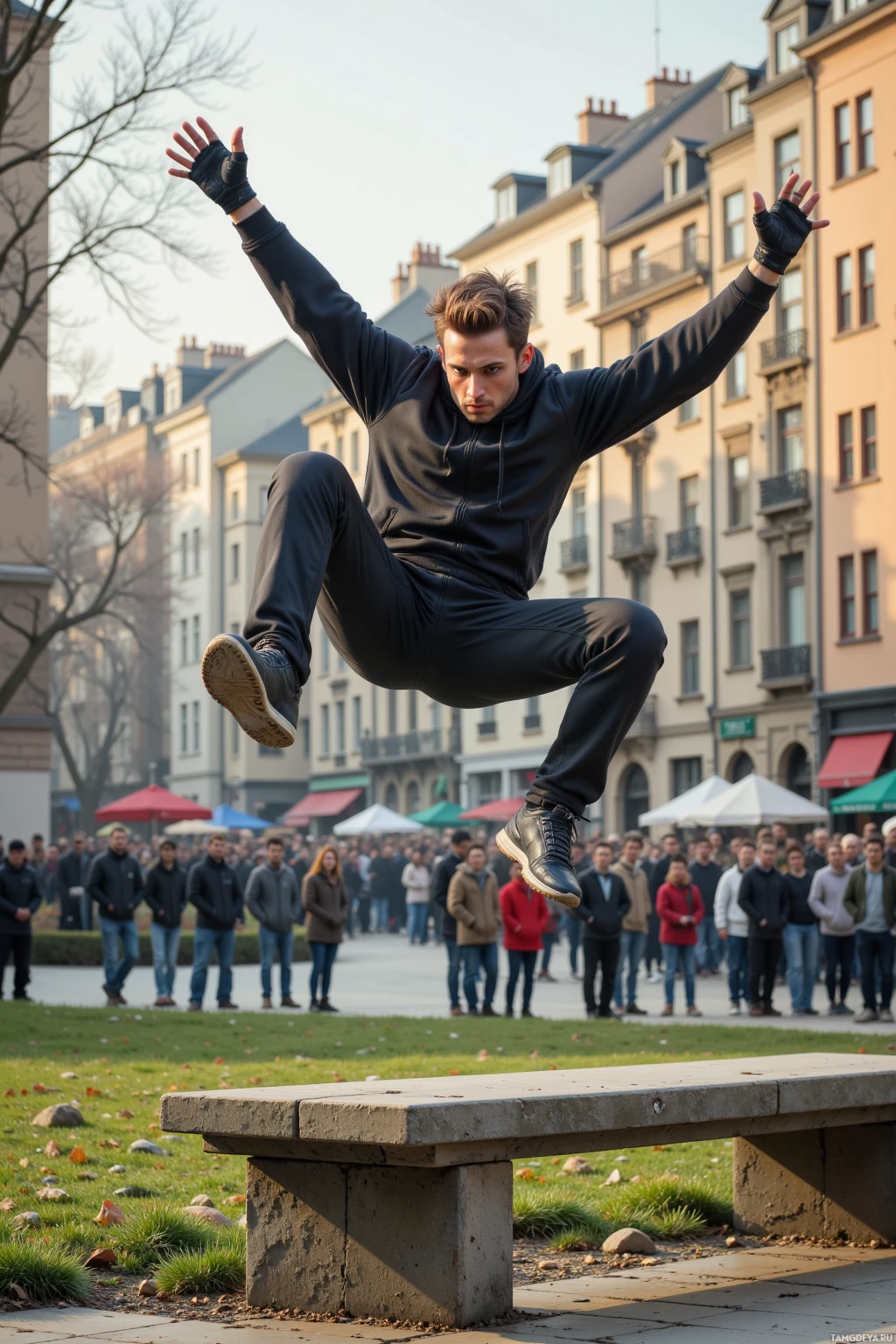 Человек в черном худи и брюках запечатлен в прыжке на площади, на заднем плане видны зрители.