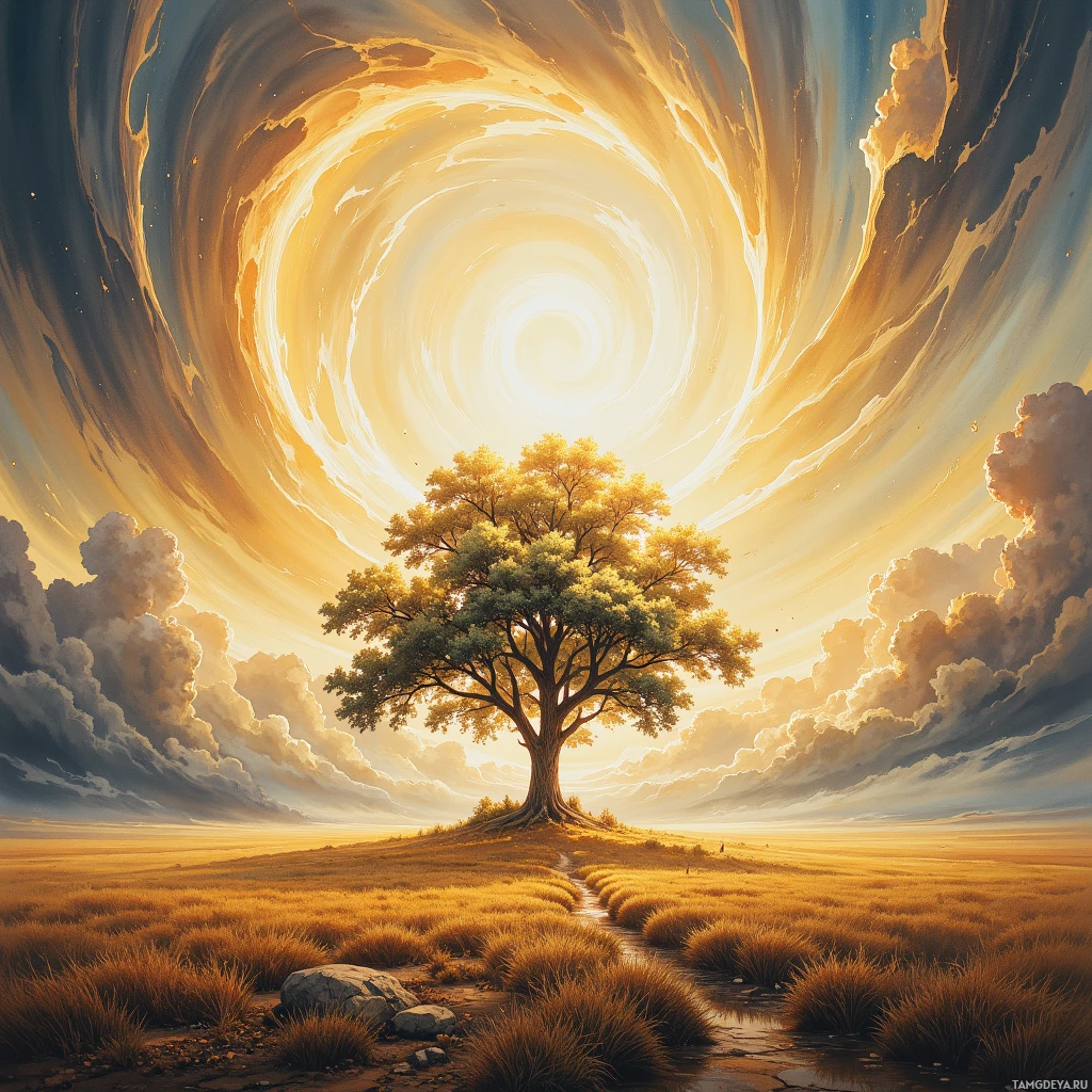 Semi-abstract image with many empty light space at center of beautiful background, that is suitable for the post:  Like a lone oak on a wind‑scarred plain, I stand firm, roots gripping truth, leaves whispering loyalty.