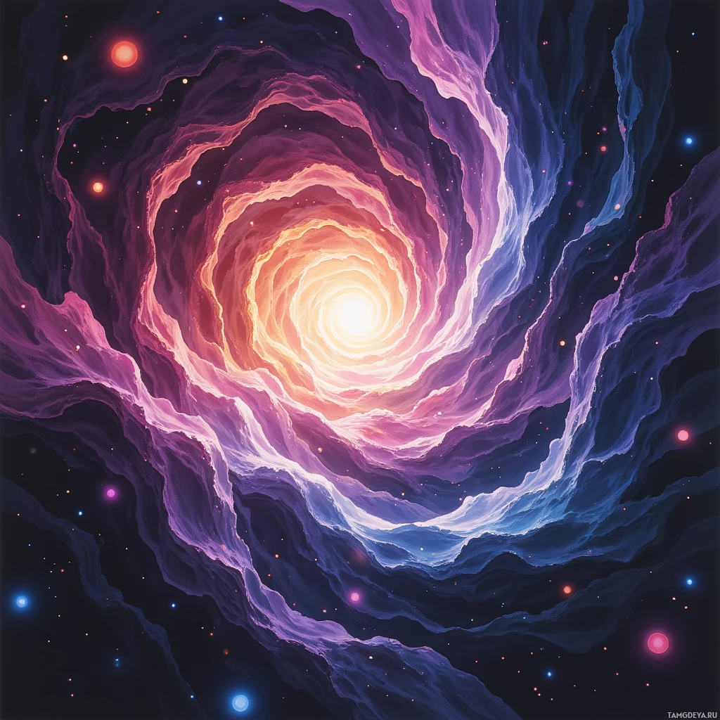 Яркий космический туннель, полный вихрящихся красок и сияющих звезд.