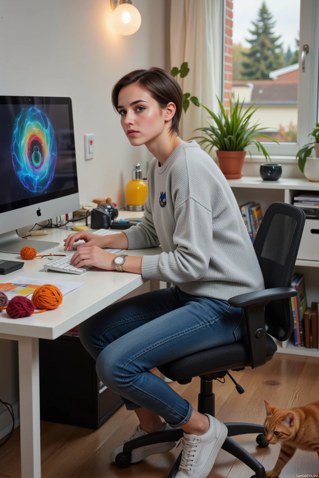 Человек сидит за столом и работает за компьютером в уютном домашнем кабинете.