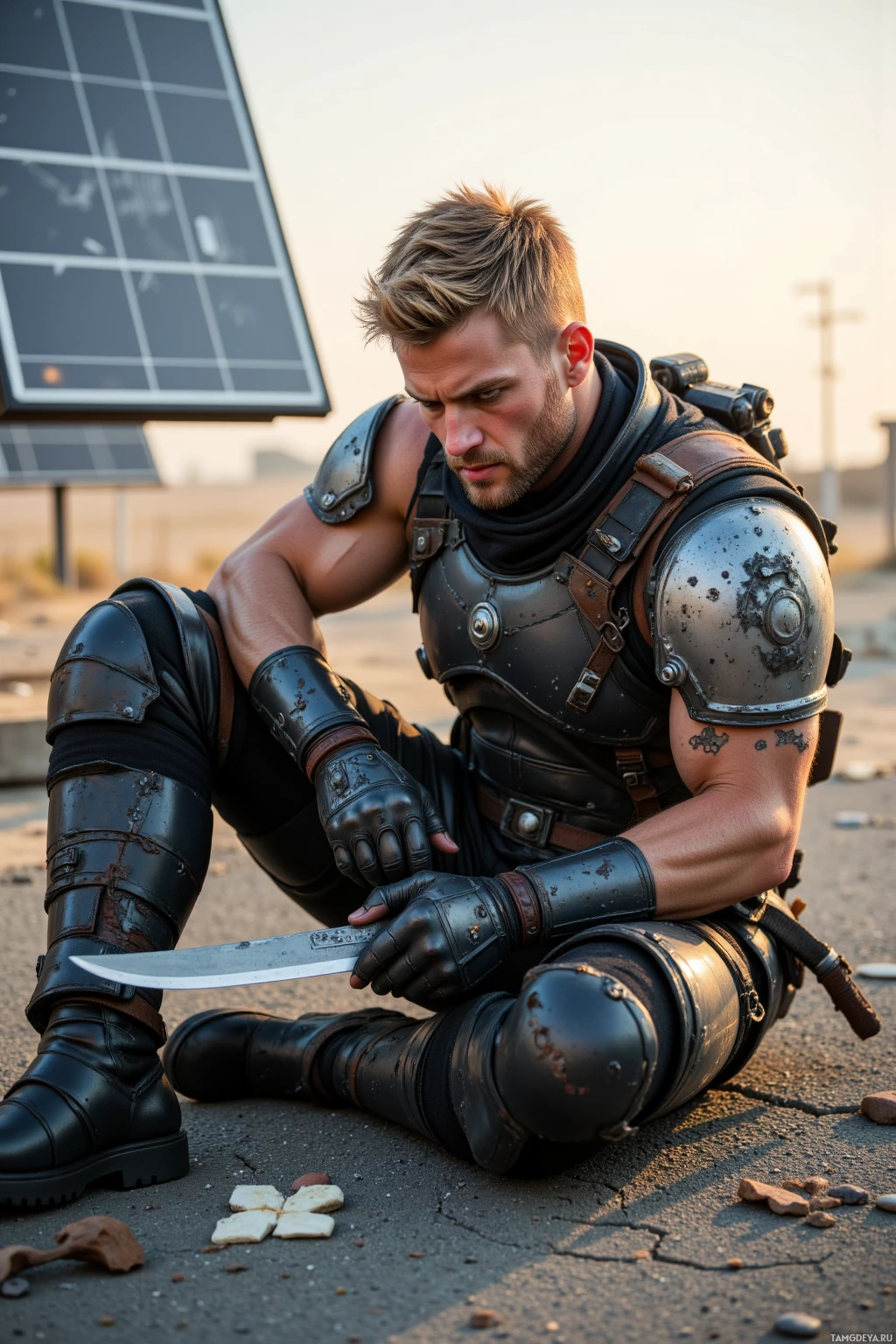 Человек в потрепанных, темных доспехах опустился на колени, держа в руке нож.