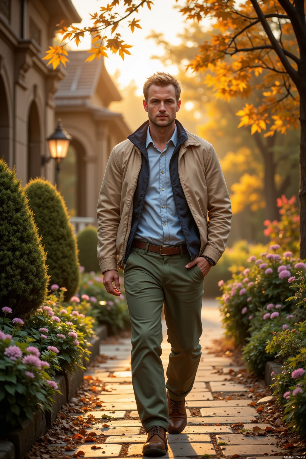 Мужчина в бежевой куртке и зеленых брюках идёт по каменной дорожке, окружённой осенней листвой и цветами.