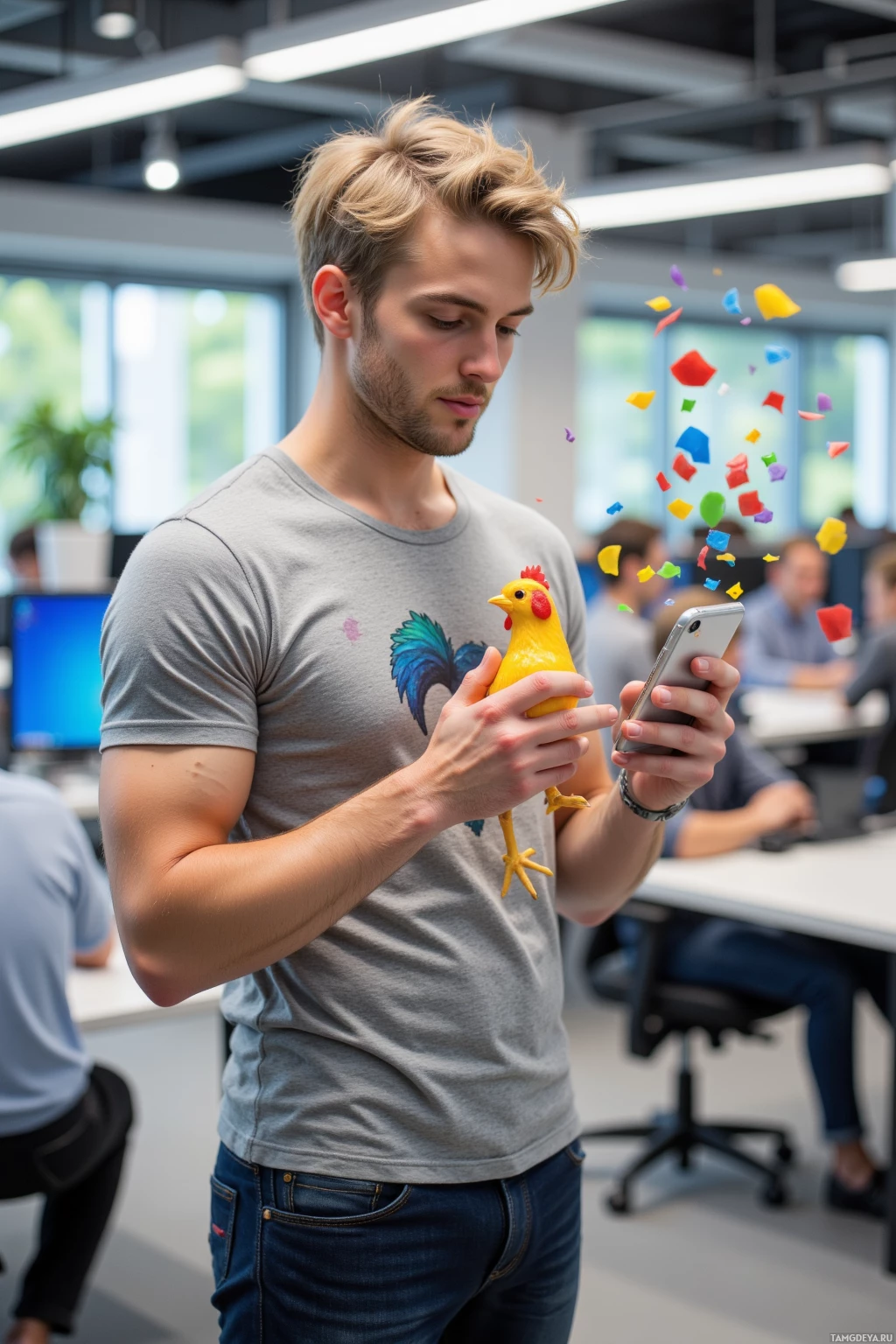 Мужчина в серой футболке держит в руках жёлтую игрушечную курицу и смартфон, находится в офисе.