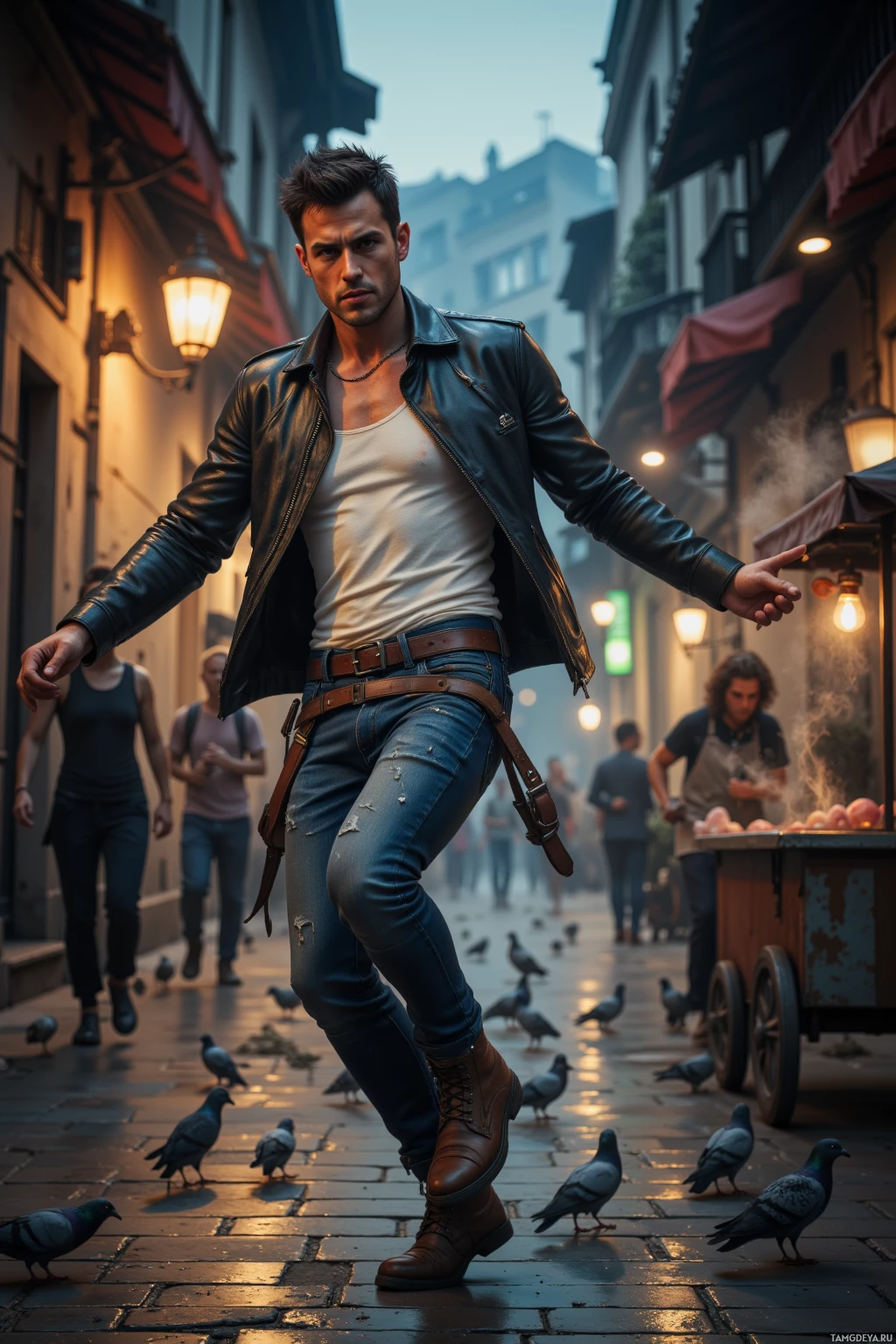 Мужчина в кожаной куртке и джинсах идёт по улице, вдоль которой выстроились здания и киоски с товарами.