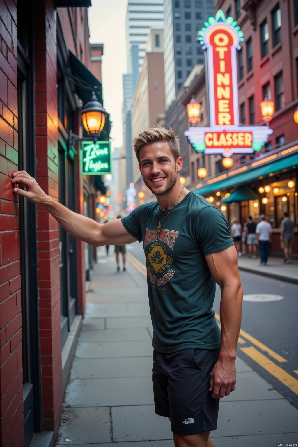 Мужчина стоит на городском тротуаре, облокотившись на кирпичную стену, на заднем плане горит неоновая вывеска с надписью "OTINNER".