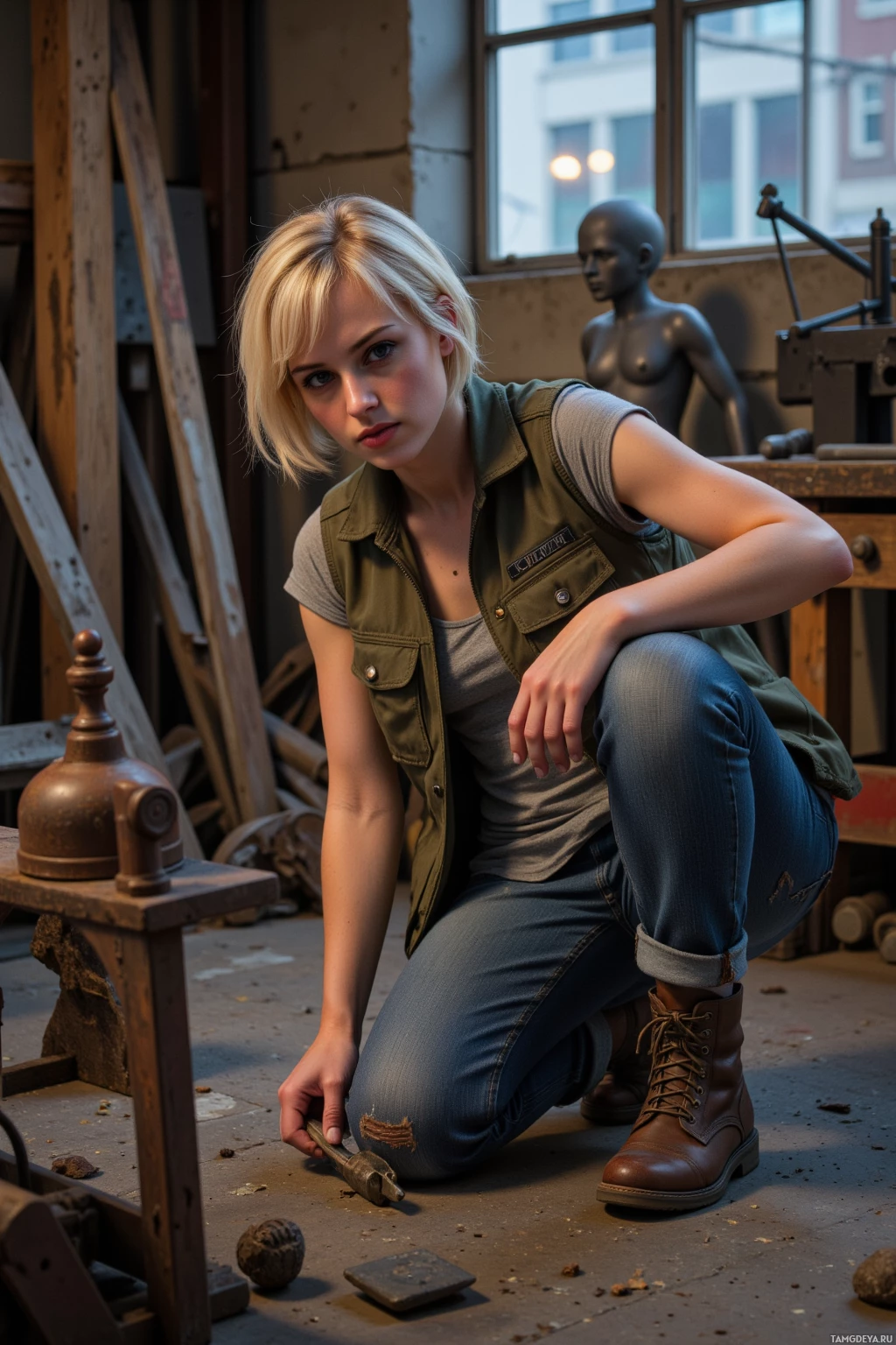 Человек в мастерской, опустившись на колени, держит инструмент.