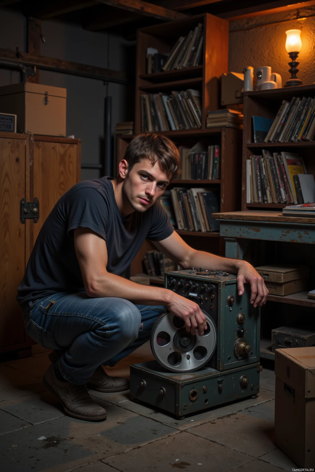 Человек присел рядом со старым магнитофоном в полумраке комнаты, где на полках стоят книги и нагромождены коробки.