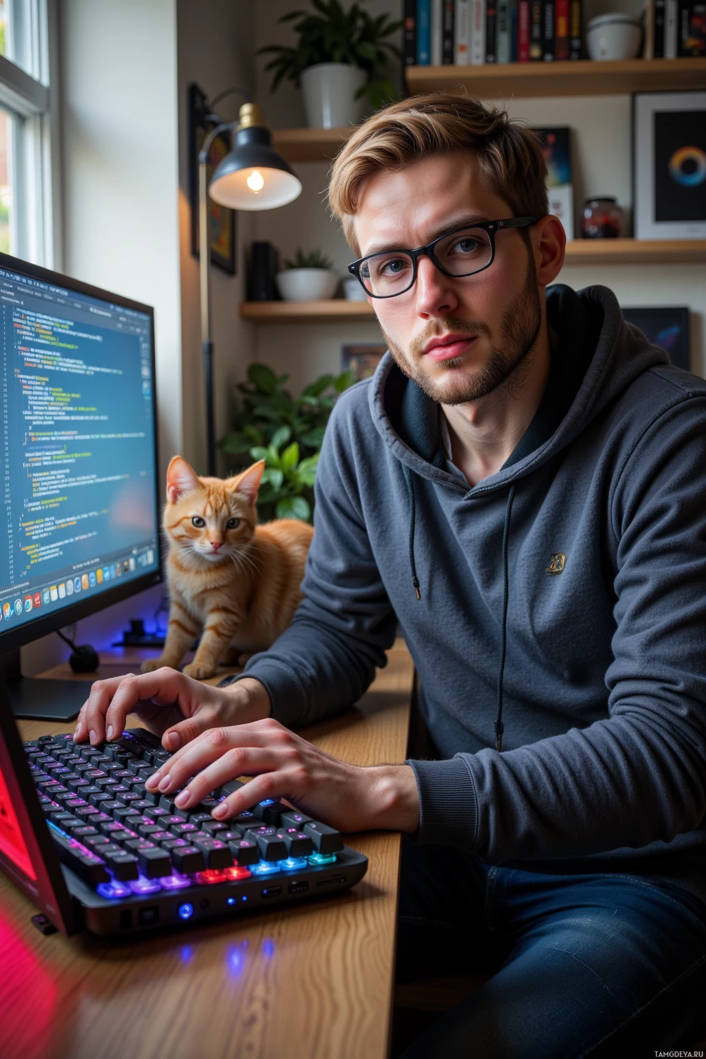Человек в очках работает за компьютером, рядом сидит кошка.