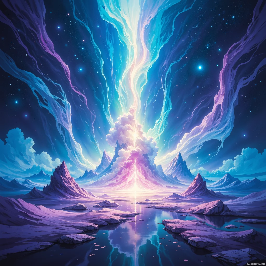 Фантастический пейзаж с сияющей, неземной вершиной горы, окружённой звёздным небом и переливающимися, красочными облаками.