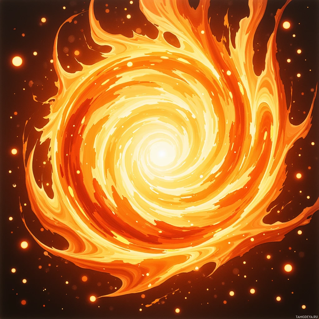 Бушующий вихрь пламени с тлеющими углями на фоне темной ночи.