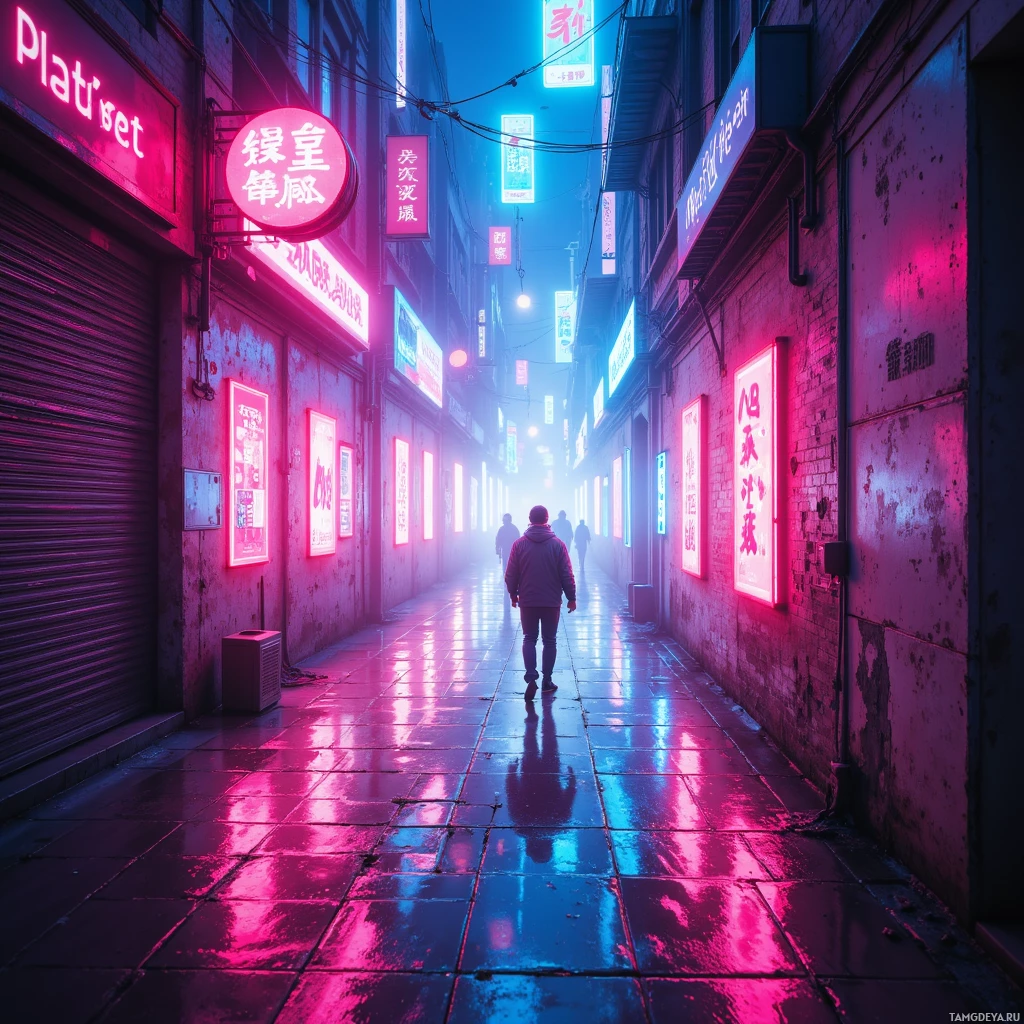 Неоновый переулок, по которому уходит человек, его отражения играют яркими красками на мокром асфальте.
