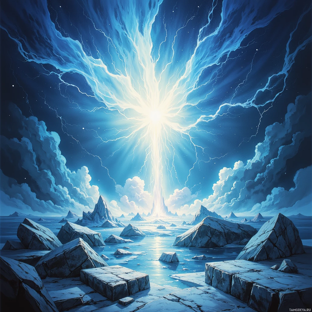 Яркая, неземная сцена с сияющим источником света, излучающим лучи света и энергии, окружённым острыми скальными образованиями и усыпанным звёздами ночным небом.