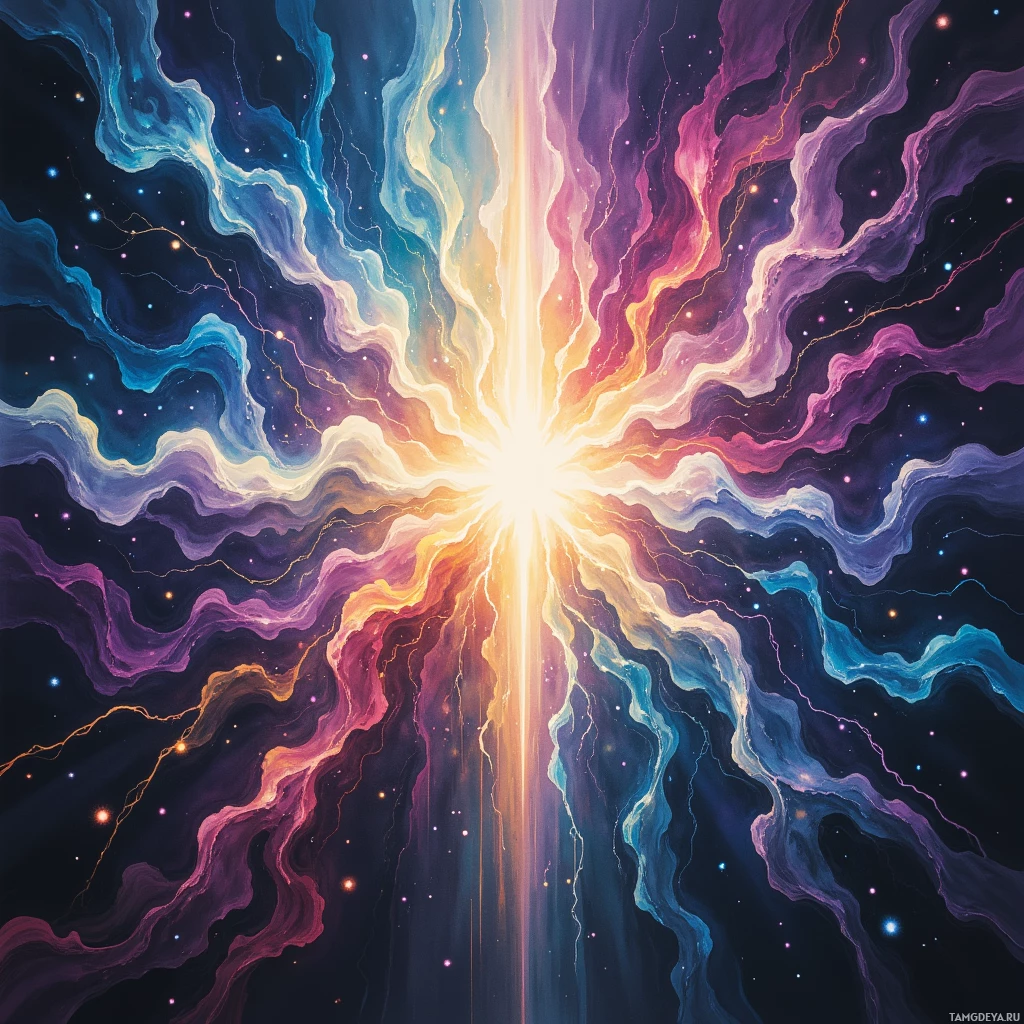 Яркий космический взрыв, полный сияющих красок и мерцающих точек, похожих на звёзды.