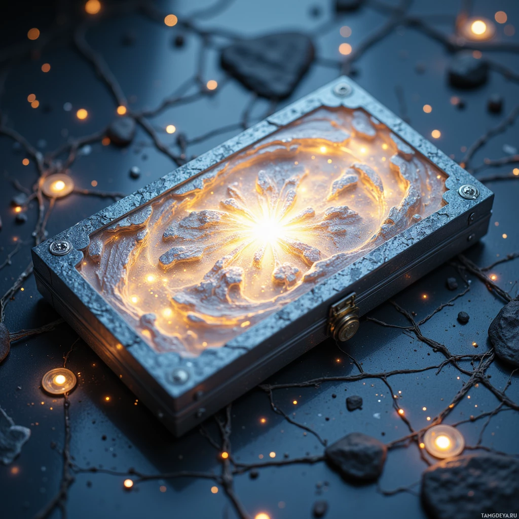 Сияющая, богато украшенная шкатулка с огненным орнаментом покоится на тёмной поверхности, окружённая небольшими огнями и камнями.