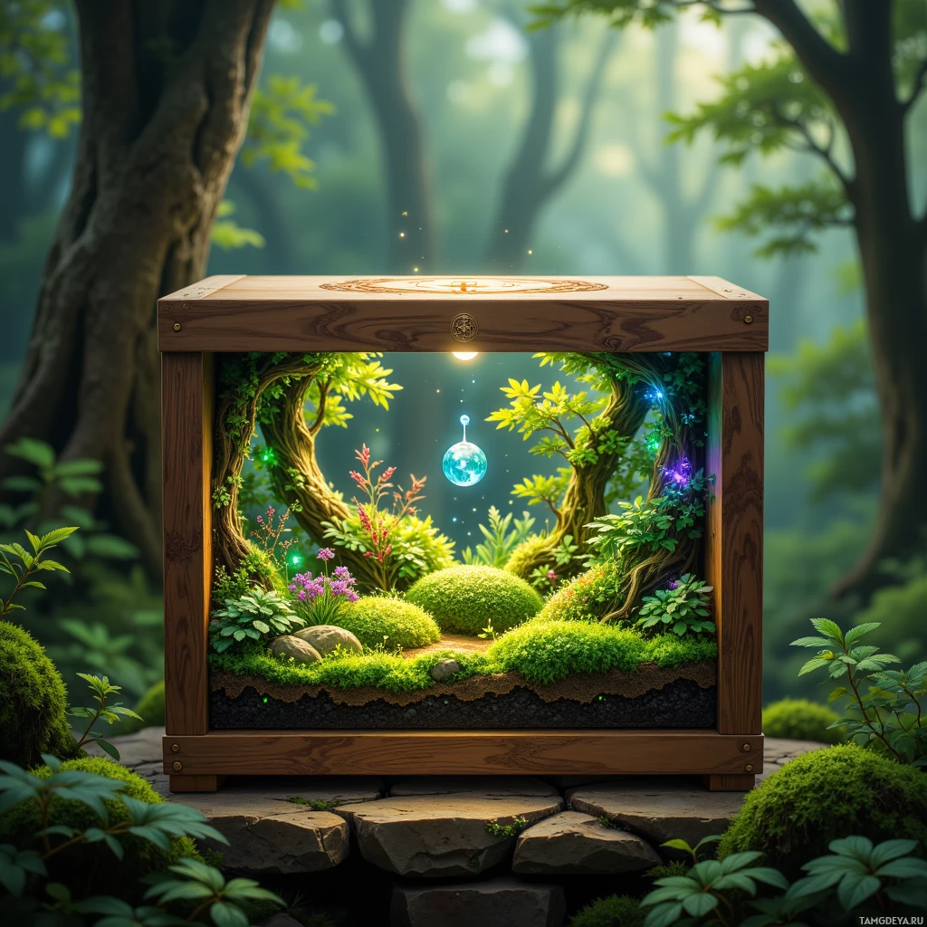 Деревянная шкатулка, внутри которой светится шар, окруженный пышной зеленью и деревьями на заднем плане.