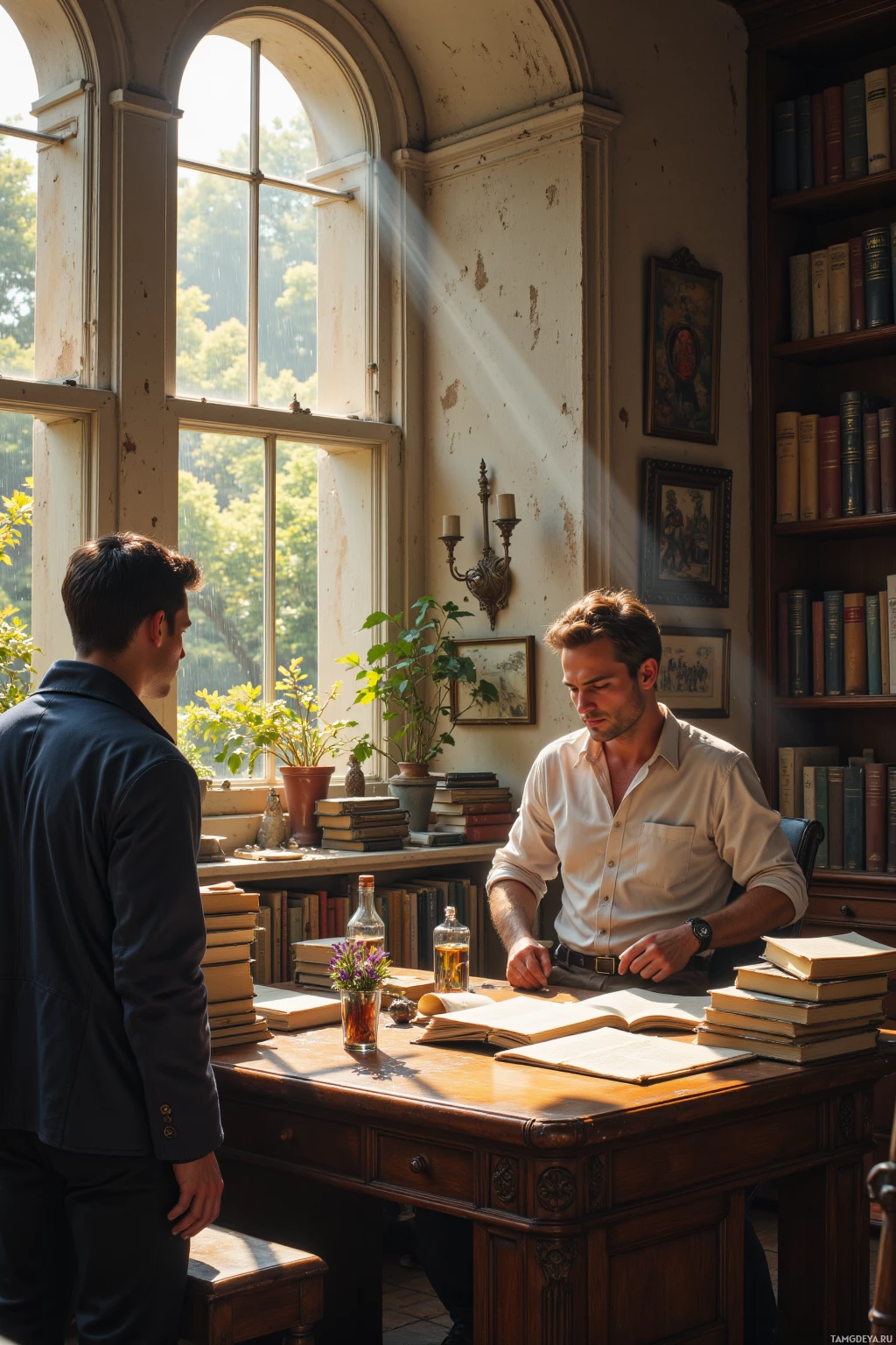 Realistic high quality photo. A 45‑year‑old man with short dark brown hair and blue eyes, calm and serene, in a white shirt and brown pants, sits at a wooden desk in a sunlit study where afternoon light turns open philosophy pages gold, rain drumming on the roof, while a young man with short black hair in a navy jacket stands by the doorway, both engaged in quiet conversation.