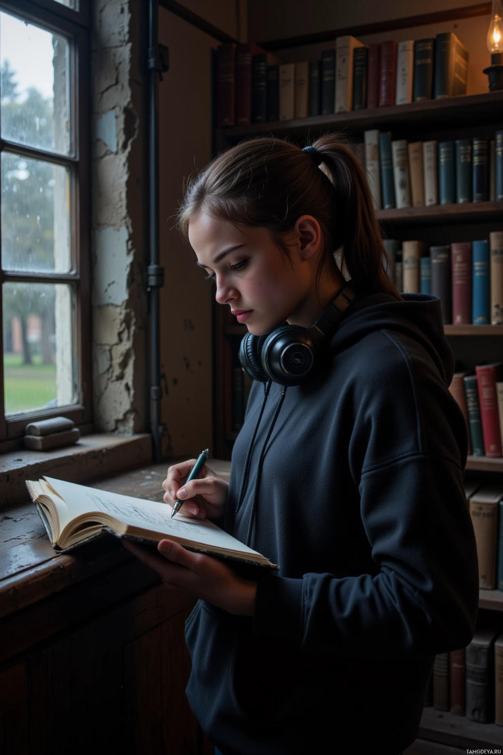 Realistic high quality photo. Female, 28, long dark hair tied in a ponytail, indigo eyes, dark hoodie with headphones loosely draped around her neck, golden brown skin, standing in a dim, old library with creaking wood floor, tracing a line in a sketchbook under light leaking through a cracked window while rain drums against the glass outside, quiet contemplative pose in the evening.