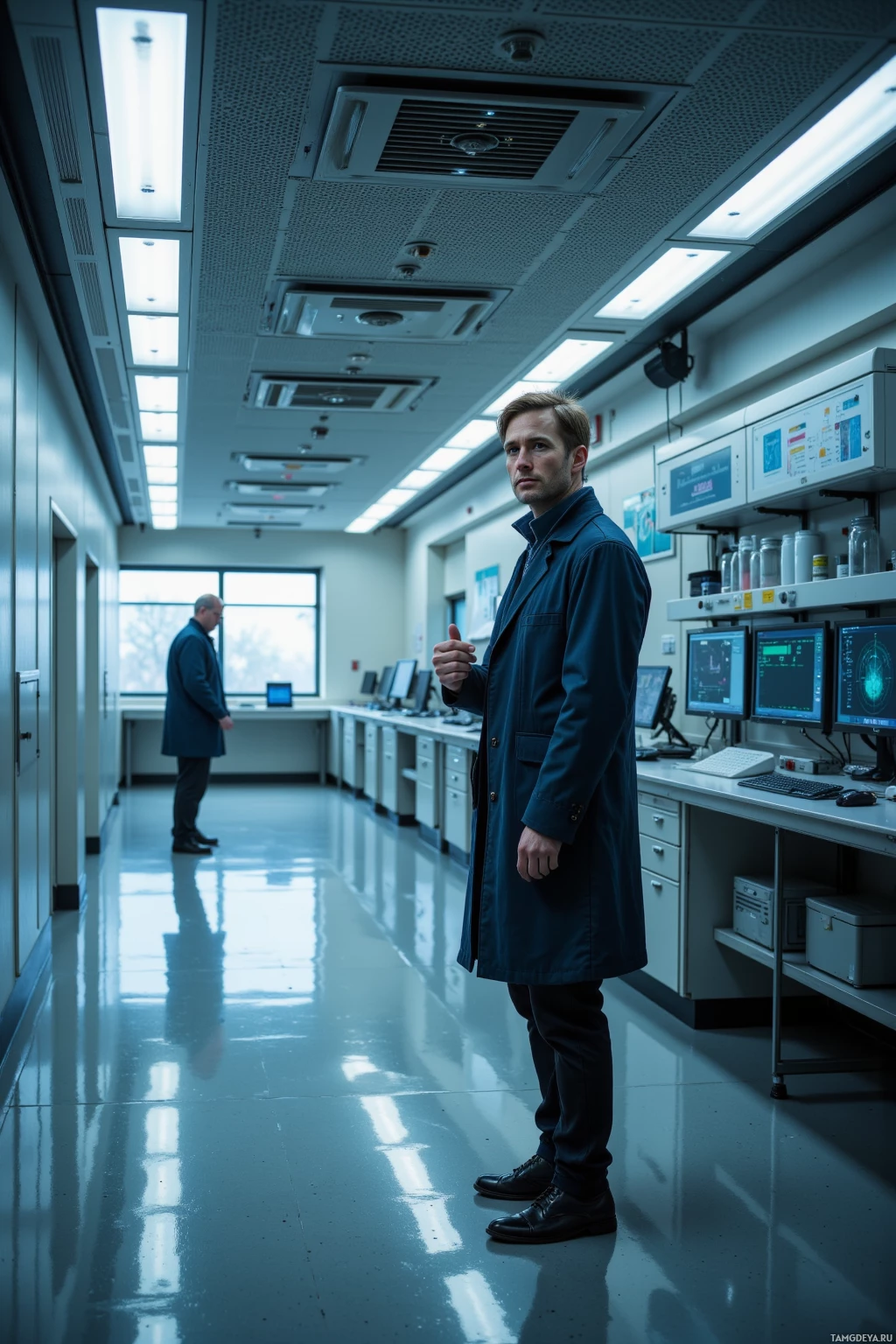 Мужчина в лабораторном халате стоит в коридоре лаборатории, на заднем плане видно еще одного человека.